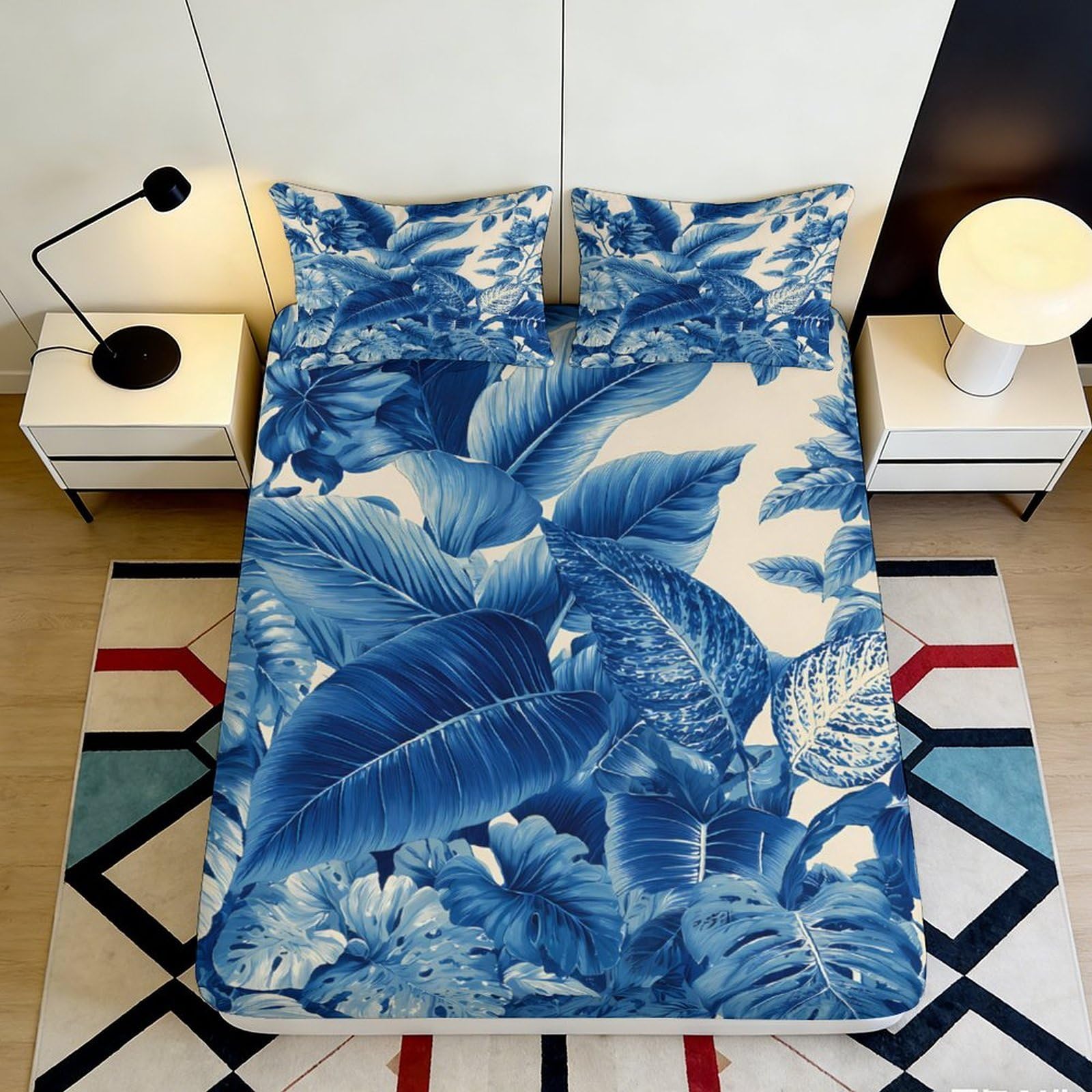 3D Printed Tropical Leaf Fitted Sheet Microfiber Blue Botanical Mattress Cover for Bedroom Dorm Decor Protection 90x200x25cm