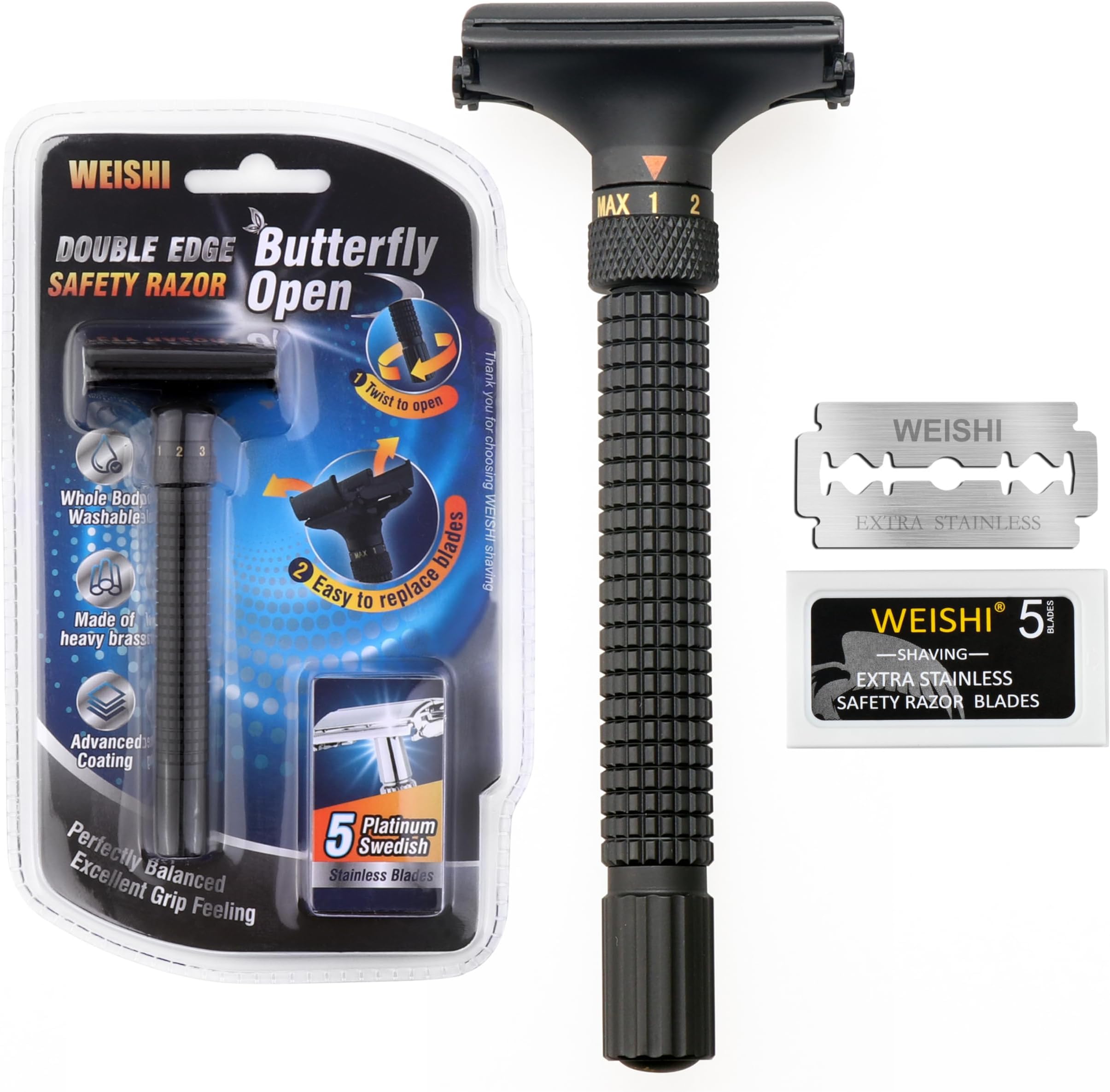 WEISHI バタフライオープンダブルエッジ安全カミソリ ノスタルジック調節可能マットブラック