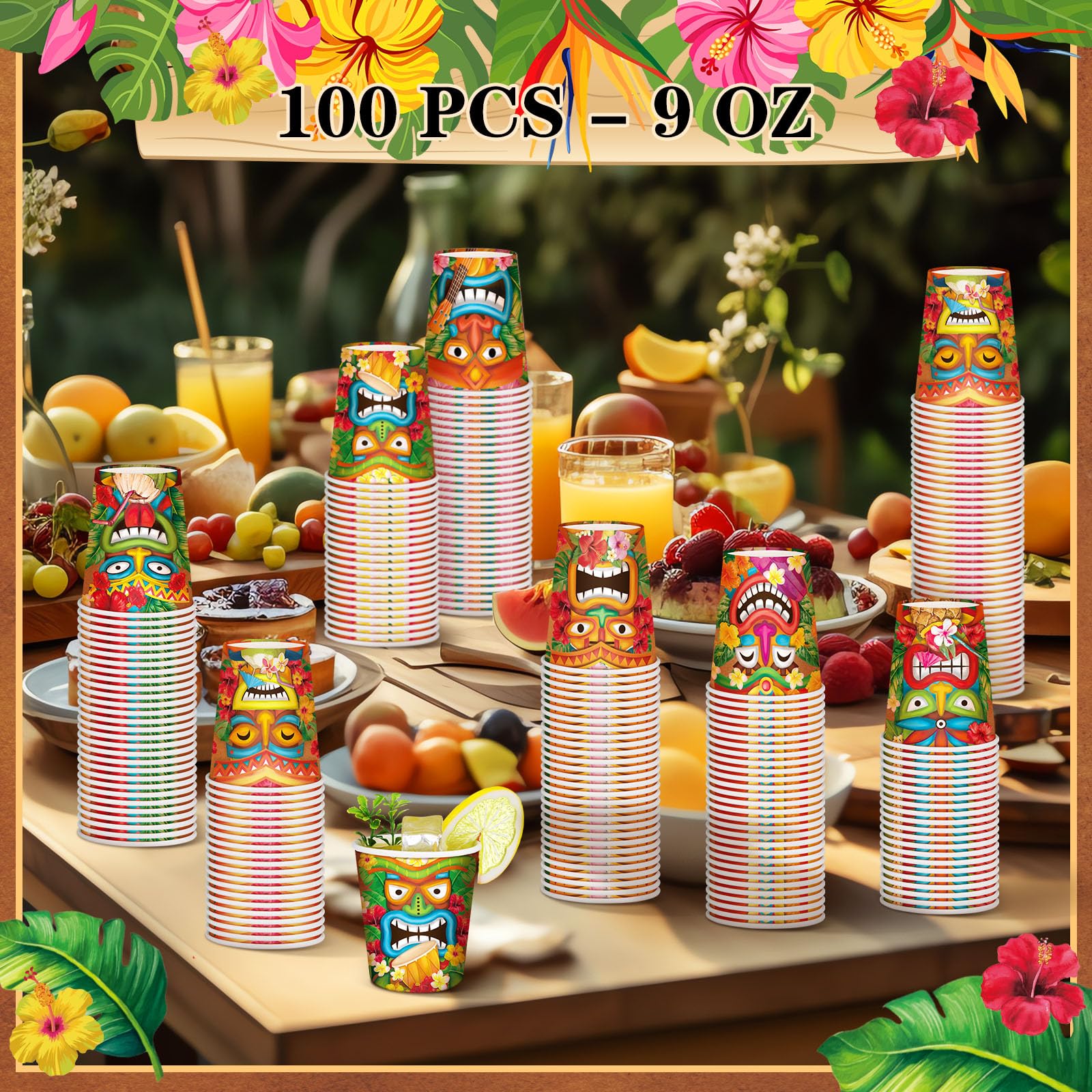 Yungyan 100 vasos de papel Luau desechables de 9 onzas, vasos de papel hawaianos Tiki tropical, Aloha Luau, decoraciones de fiesta de verano para verano, Tiki, playa, piscina, suministros de fiesta