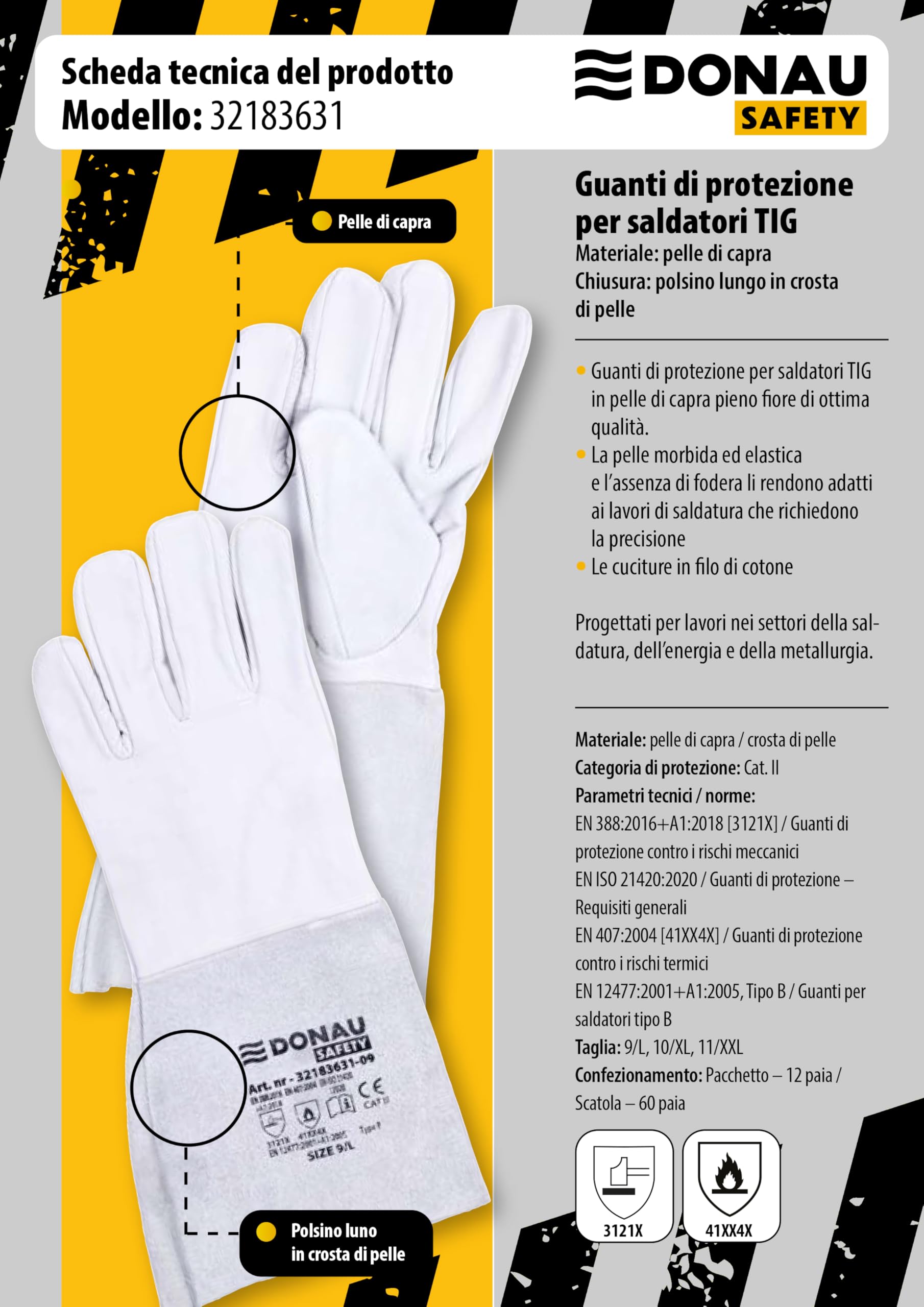 DONAU SAFETY Guante de soldador de piel de cabra para soldadura TIG/talla 9, 1 par/tacto suave, muy suave y cómodo/guantes de trabajo de cuero/guantes de protección
