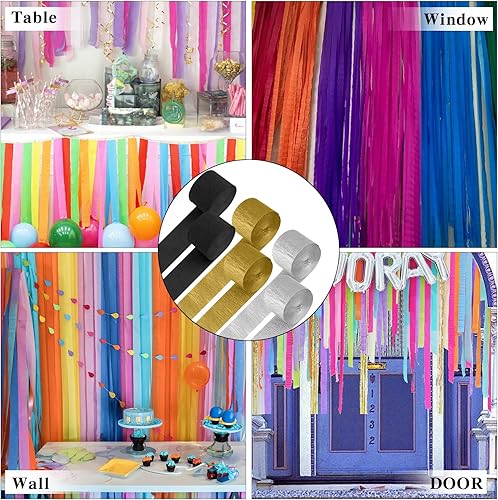 Miniatura 7 de Serpentinas de papel crepé, 6 rollos de serpentinas de fiesta de 492 pies, paquete de 6 papel crepé negro, plateado y dorado para fiesta de