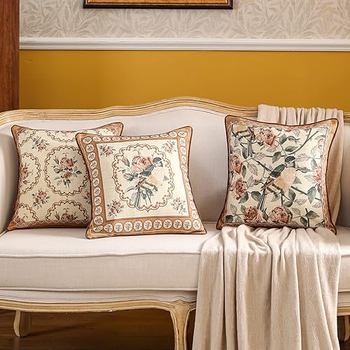 Miniatura 3 de patdrea Juego de 4 fundas de almohada de diseño floral vintage para sofá, fundas de almohada de lino marrón amarillo con patrón de pájaro y rosa,