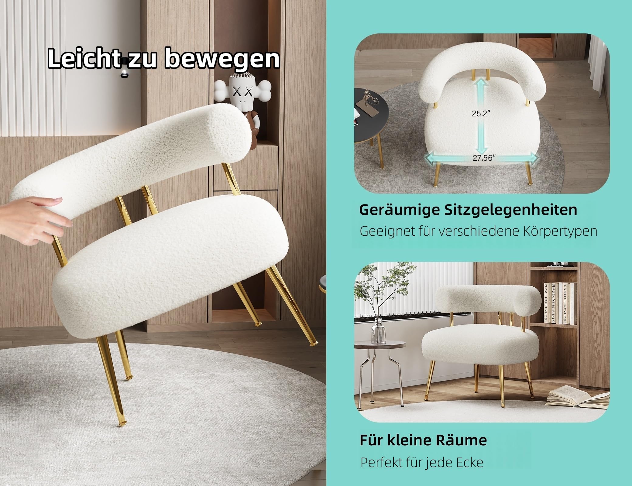 Teddy Sessel mit Sherpa-Bouclé, Polsterstuhl mit goldenen Metallfüßen, Loungesessel mit U-Rückenlehne, Akzentstuhl für Wohnzimmer, Schlafzimmer, Büro oder Schminktisch(Weiß)