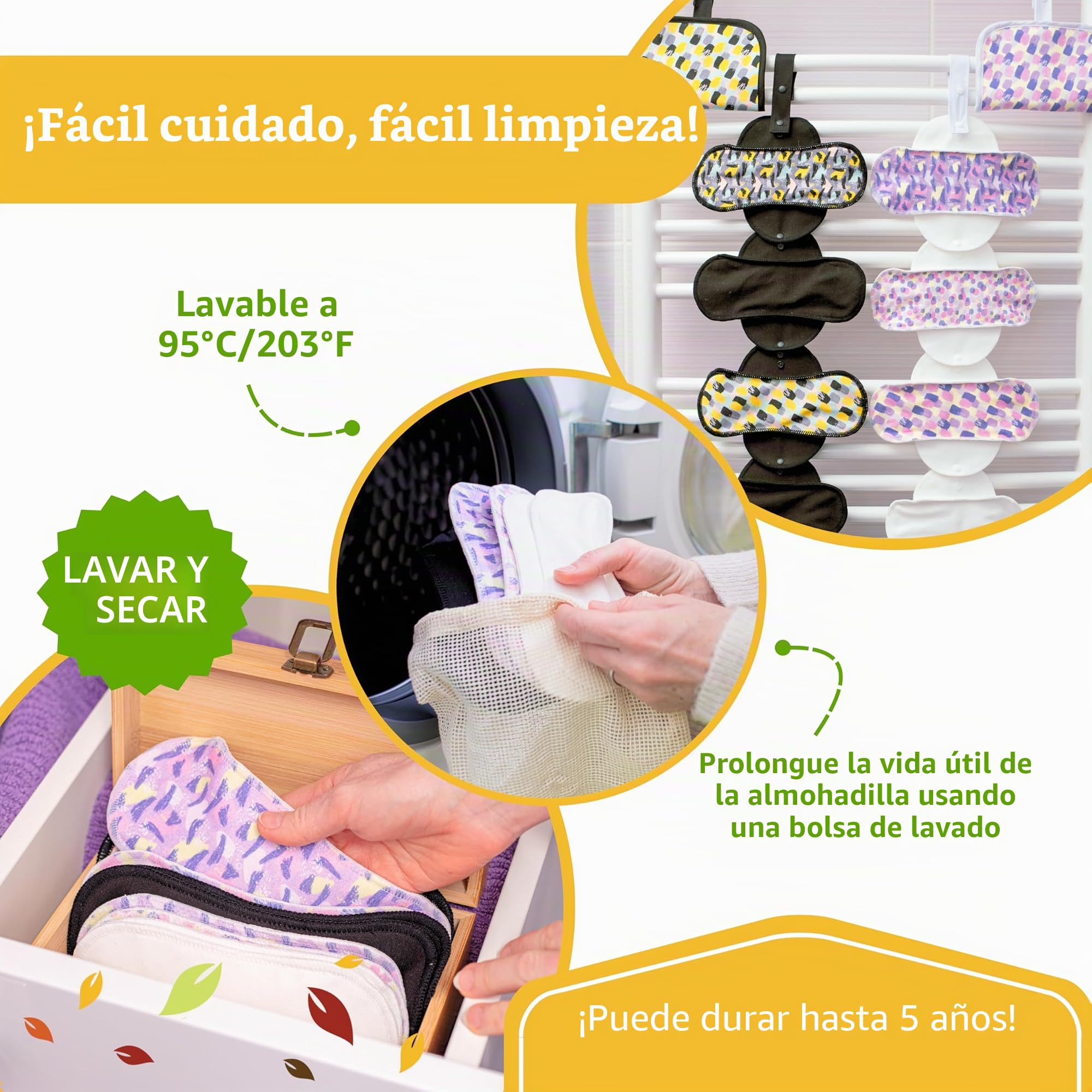 Natissy Compresas Reutilizables de Algodón Orgánico para Mujer y Adolescente, Lavables, Suaves, No Irritantes y Reutilizables - Pack 6 Tallas S+M - Made in EU