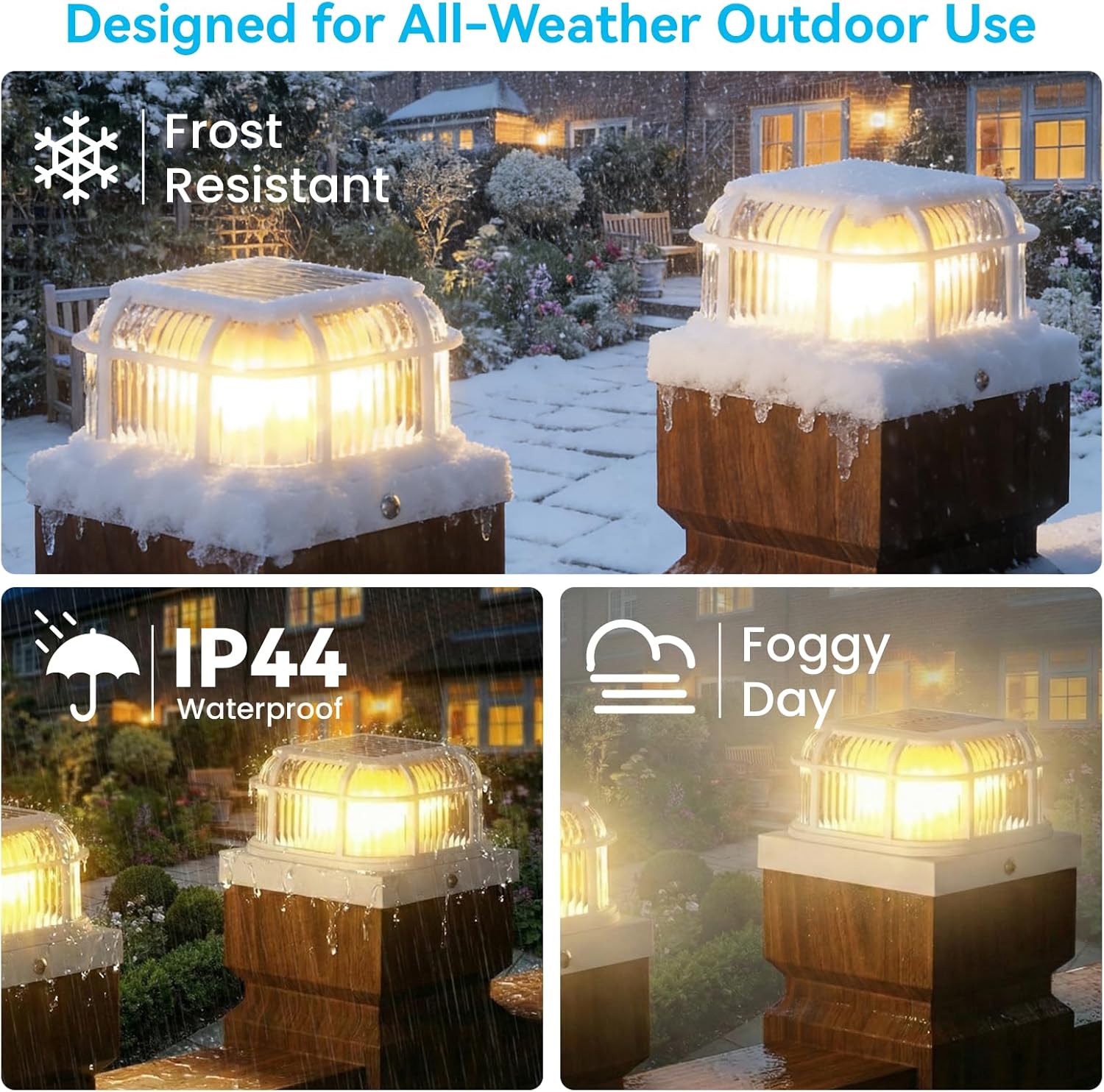 Solar Post Light 4 Packs with 4x4, 5x5 and 6x6 Inches Base for Vinyl/Wooden Posts, Bright 16 LEDs Solar Cap Lights with Two Light Modes for Decorating Deck, Patio, Porch, Fence (White)