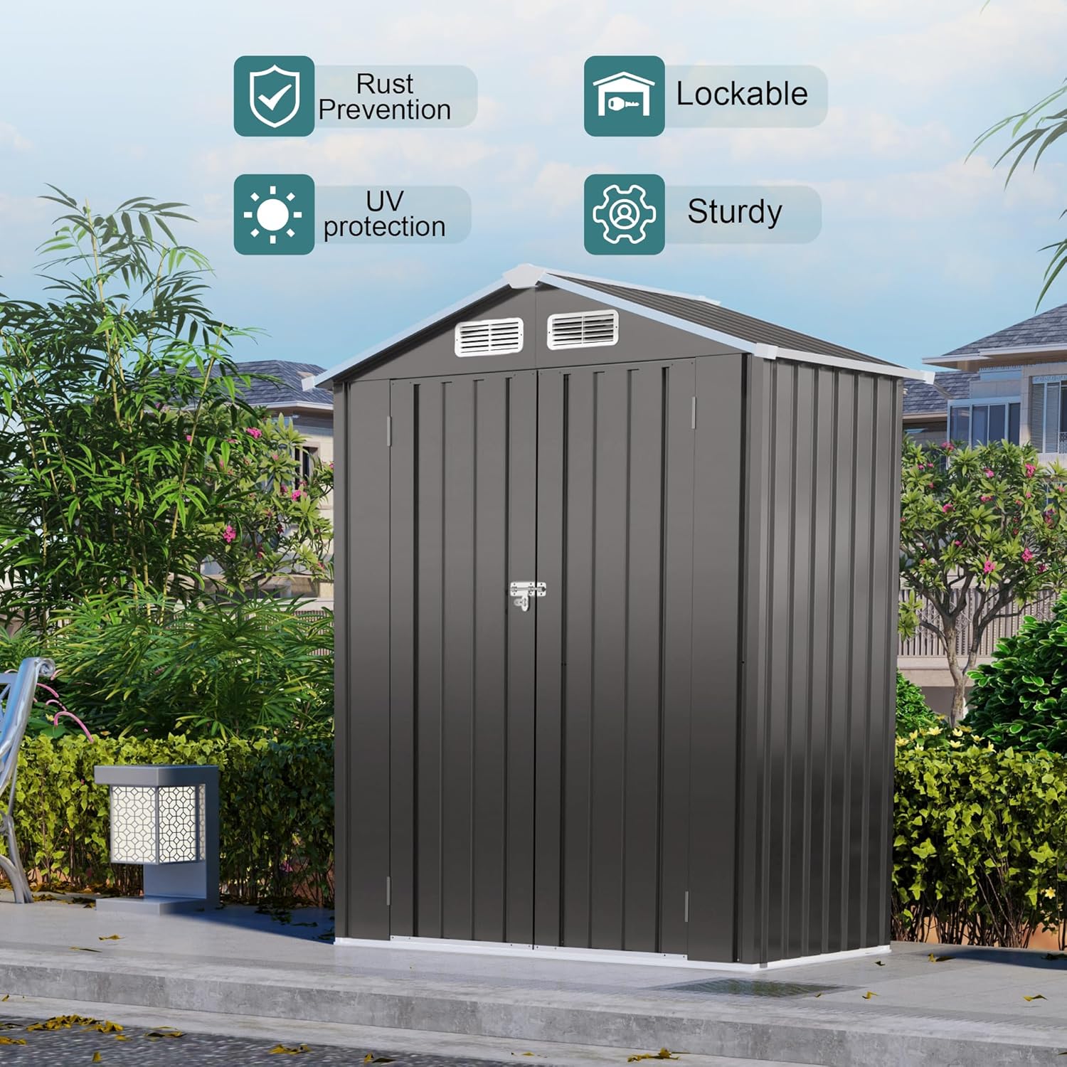 5x3x6FT Outdoor Storage Shed, Galvanized Steel Garden Shed with Lockable Door & Window, Waterproof Metal Tool Storage for Garden, Backyard, Patio, Lawn(Peak Roof)