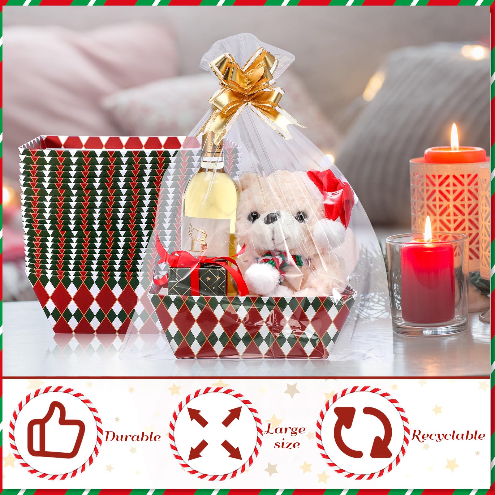 Nuogo Paquete de 12 cestas de Navidad vacías para regalos de 9.8 x 6.5 pulgadas, cesta de regalo vacía para llenar bandejas de cartón con bolsas de cesta, lazos para Navidad, vacaciones, regalos de