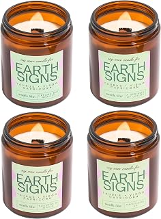 Taurus, Virgo, Capricorn Gifts for Women - 4Pack Wood Wick Candles, 6oz Small Candles Set for Women. Zodiac Astrology Birthday Spiritual Gifts, Natural Soy Wax