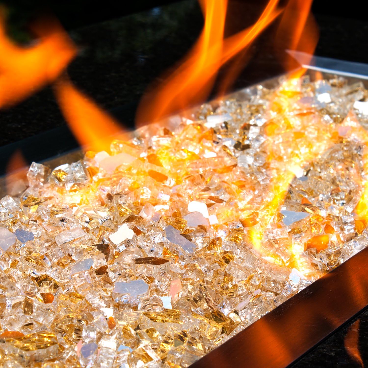 High Luster, 1/4" Reflective Tempered Fire Glass in Sunstorm Gold, 10 Pound Jar, by Celestial Fire Glass