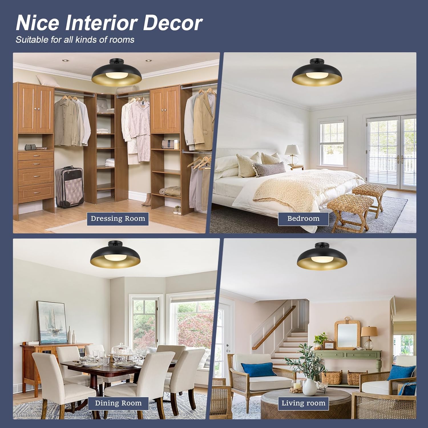 16 Inches Flush Mount LED Ceiling Light, Black Outside and Gold Inside, 10W Built-in Lighting Source, Close to Ceiling Fixture, Half Flush Mounted Lamp For Kitchen, Hallway, Bathroom(1 Pack, Dimmble)