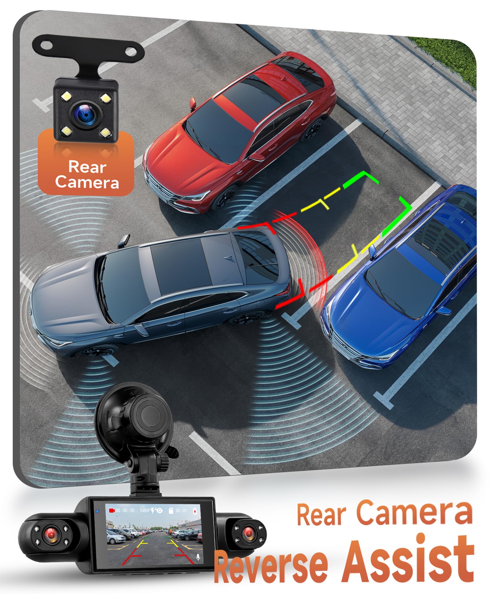 Rimoody 4 Canali Dashcam Auto 360°, 4 Telecamera HD 1080P Anteriore e Posteriore Sinistra Destra, 3 Pollici IPS Schermo Dash Cam con Visione Notturna 8 IR/Loop Video/24H Parcheggio Monitor