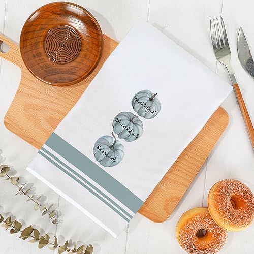 Miniatura 4 de AnyDesign Toalla de cocina de otoño, color azul y blanco, de 18 x 28 pulgadas, acuarela, Hello Pumpkin floral, toalla rústica de secado de manos