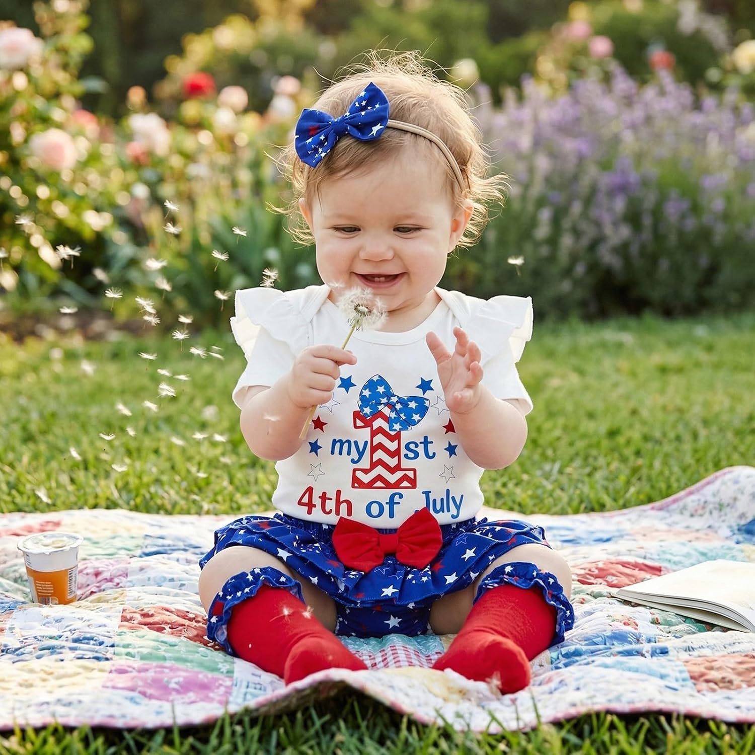 Baby Girl 4th of July Long Sleeve Letters Print Romper with Flag Print Skort, Stockings, Headband 4Pcs Set