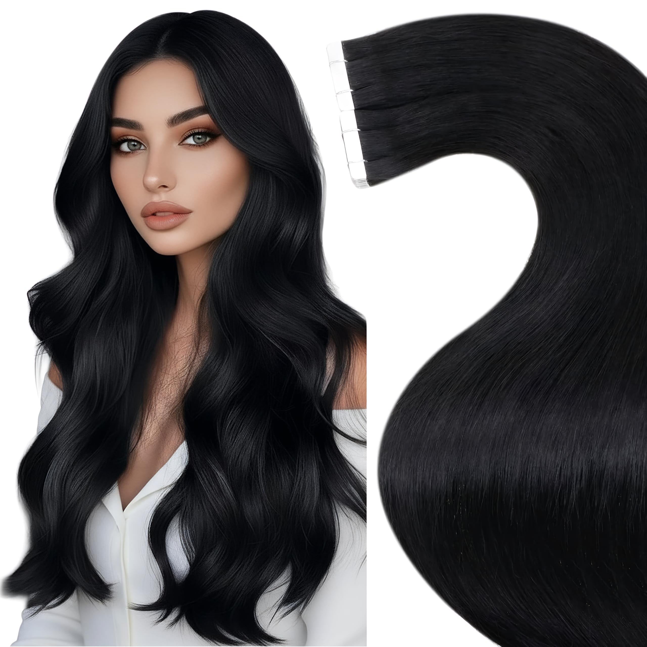 LaaVoo Human Hair Tape in Extensions Black Tape in Hair Extensions Human Hair Invisible Tape on Human Hair Extension Real Hair 16inch 20pcs 40g