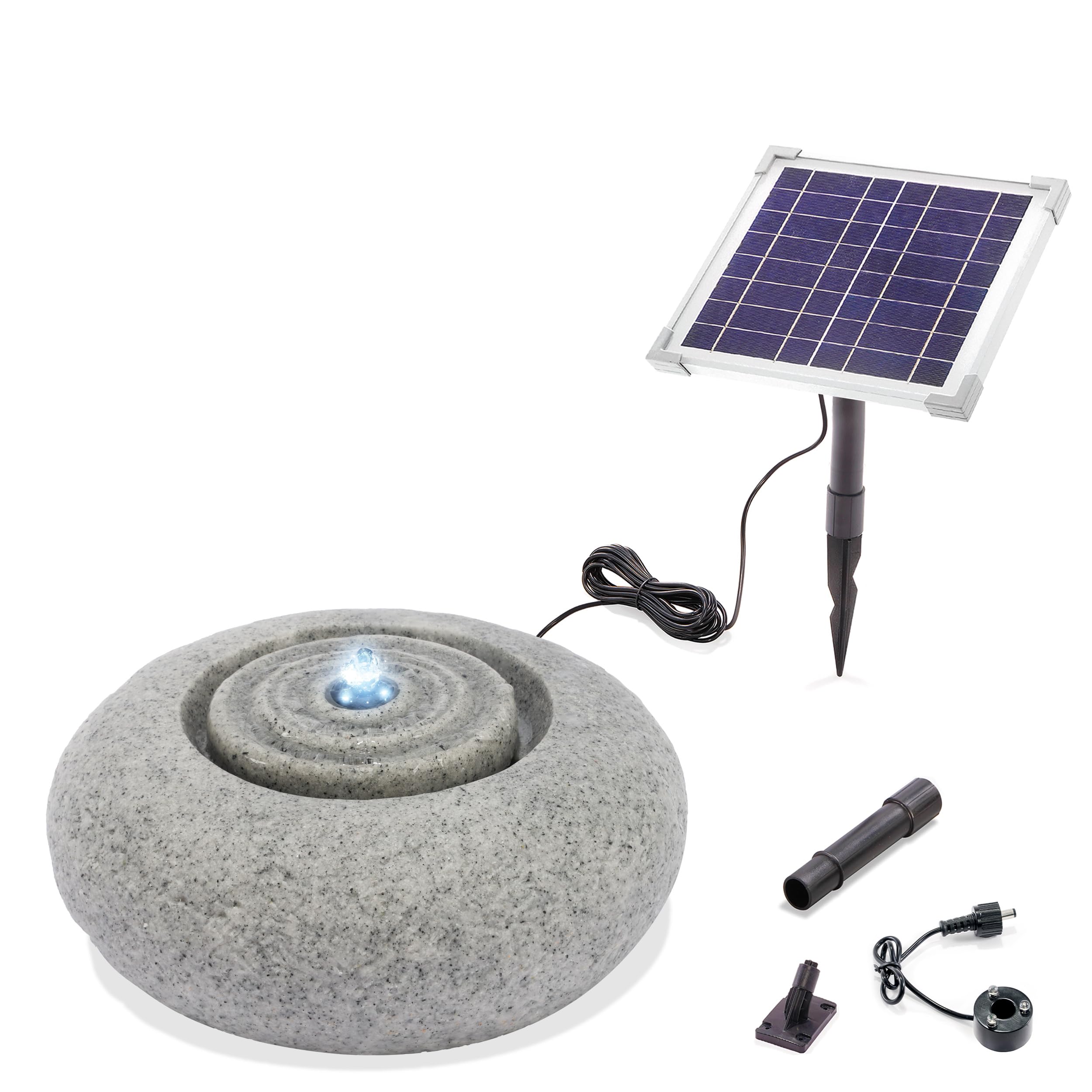 esotec Solar Gartenbrunnen Rundwasserquelle mit LED-Licht, runder Wasserbrunnen im Quellstein-Design, Solarmodul, Akku, Steinbrunnen-Optik Polyresin 101332