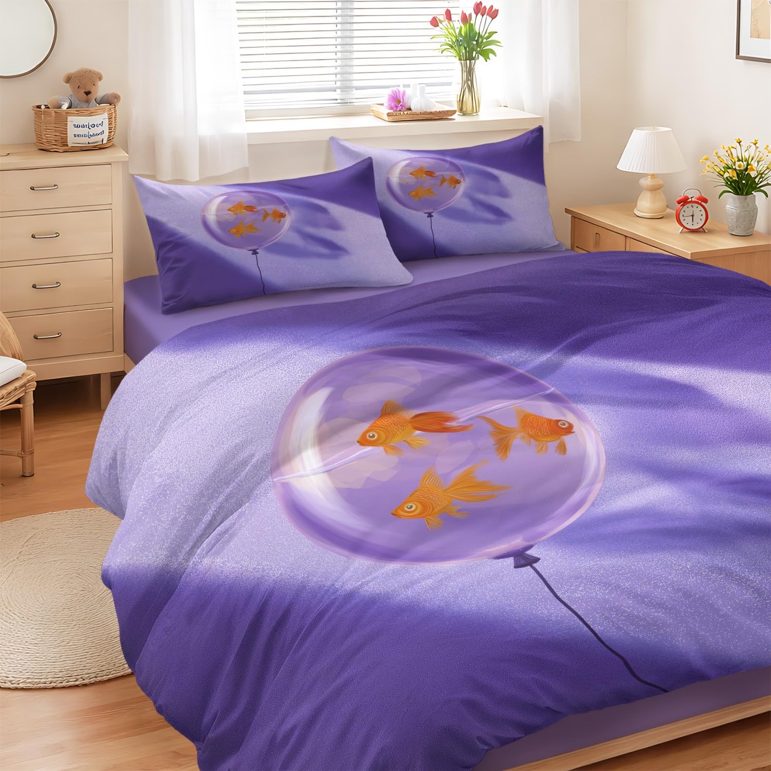 Housse de couette poisson rouge 140x200 cm avec taie d'oreiller pour lit enfant