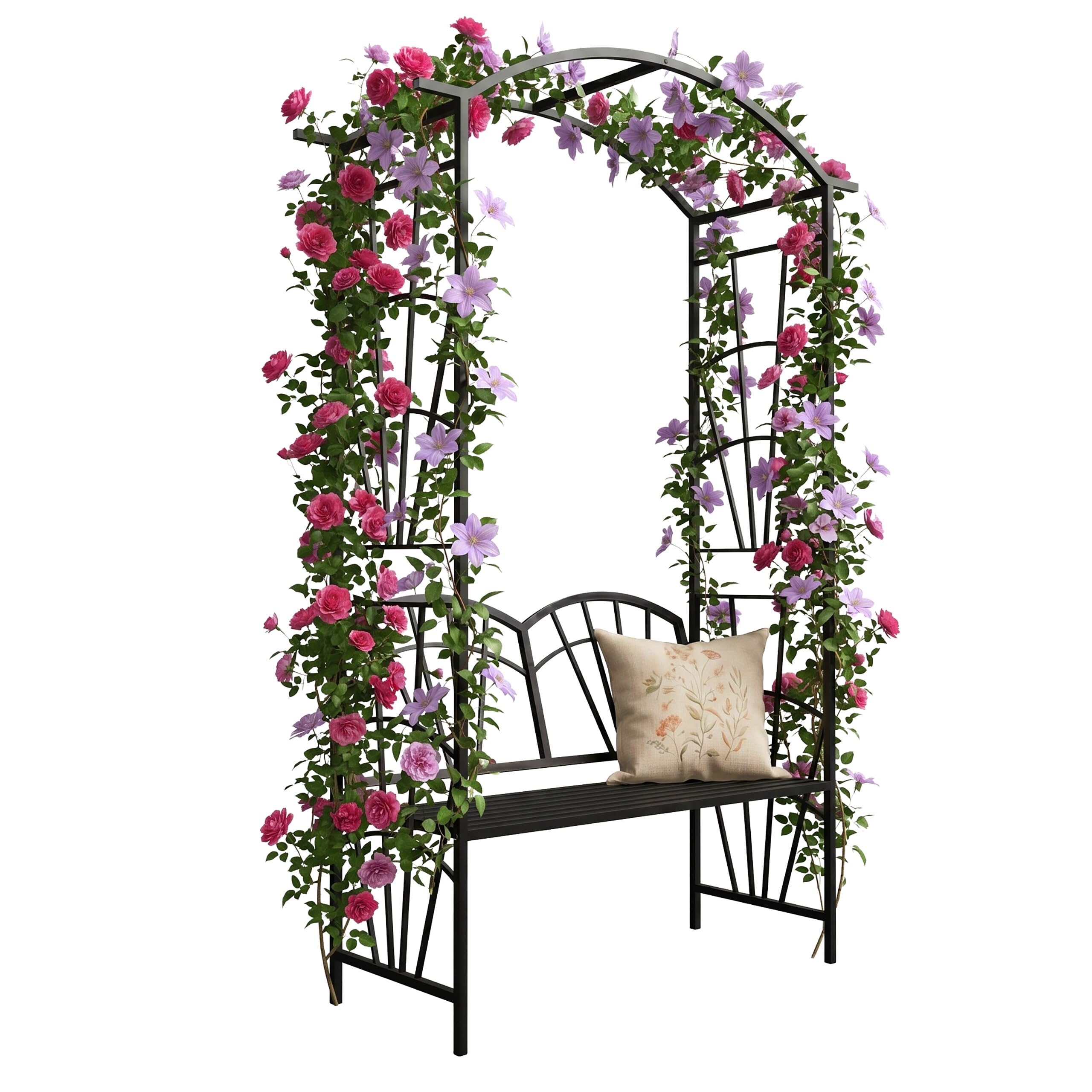 Relaxdays Rosenbogen, Metall, HBT: 210 x 134 x 48 cm, Torbogen mit Bank, Stabiler Rankbogen für Kletterpflanzen, schwarz