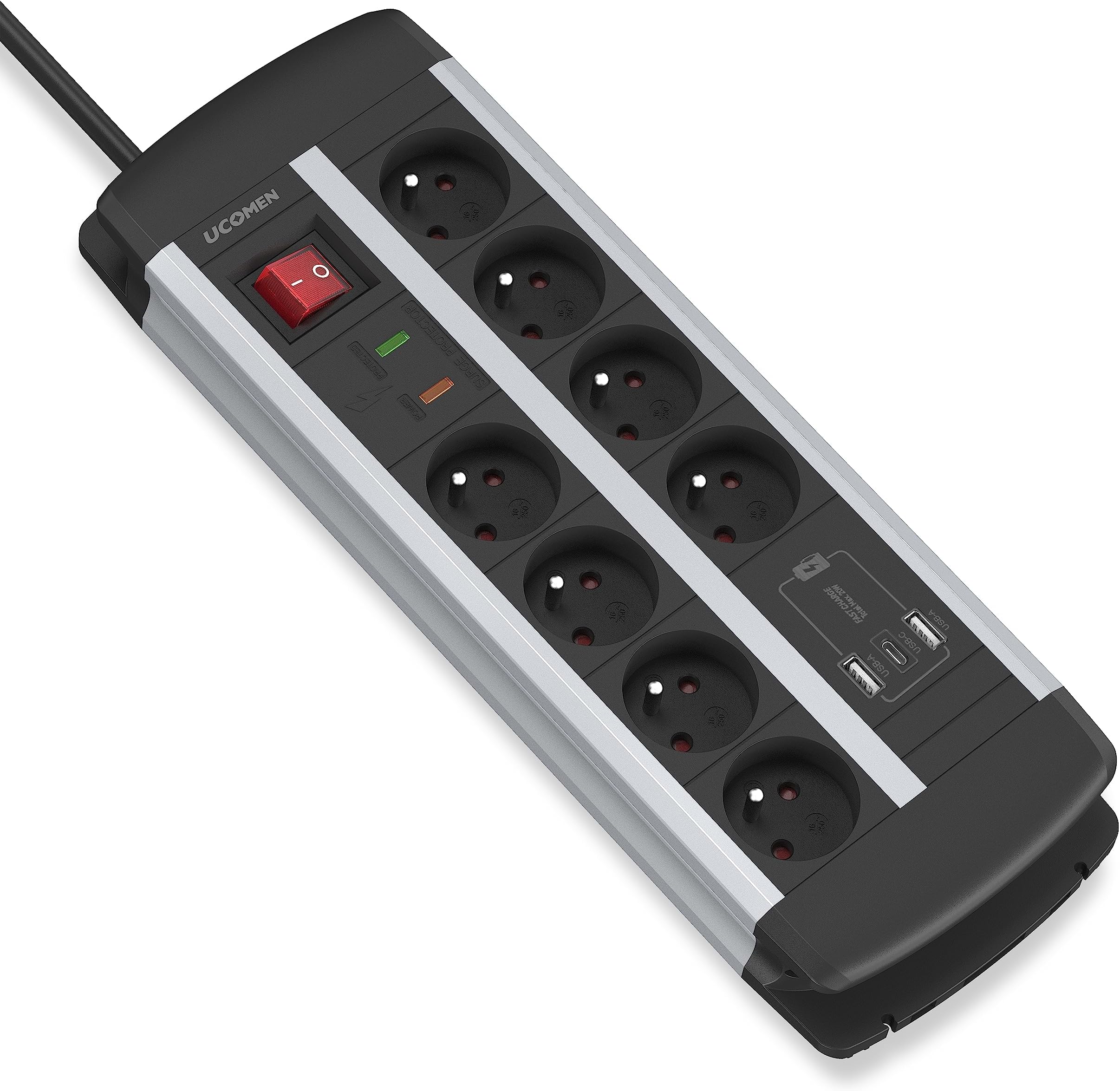 UCOMEN Surge Arrester Power Strip with Fast Charger USB A and USB C 20W, 8 Sockets (3680W 16A) Surge Protector and Surge with Switch, 1.5m Cable, Office Power Strip Type E (FR), Black