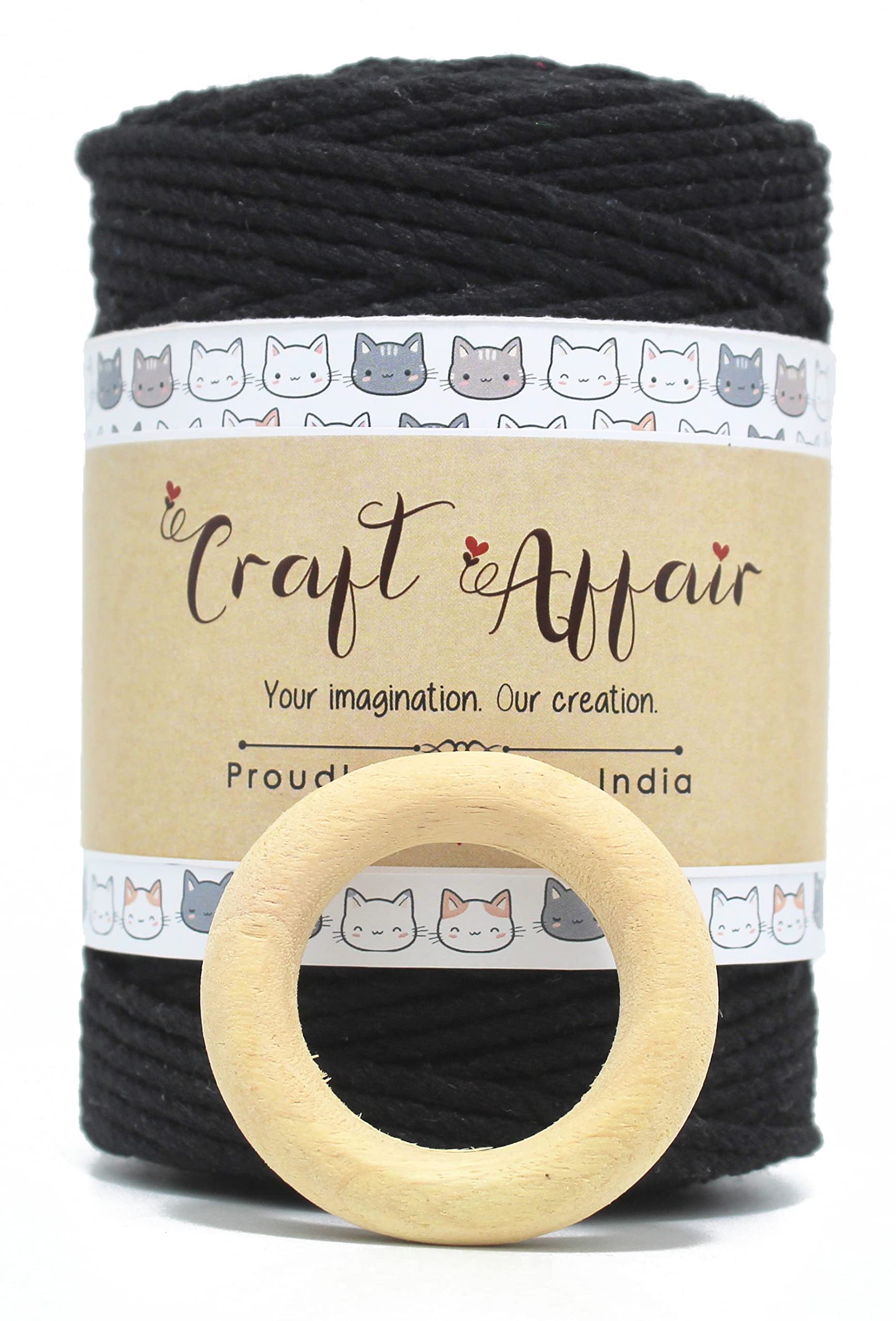 Craft Affair | 3ply Twisted Cotton Macrame Thread/Rope (100 Meter, 3mm) | Get Free Wooden Ring (5cm) | Macrame Thread for Wall Hangers and DIY Projcts - Black