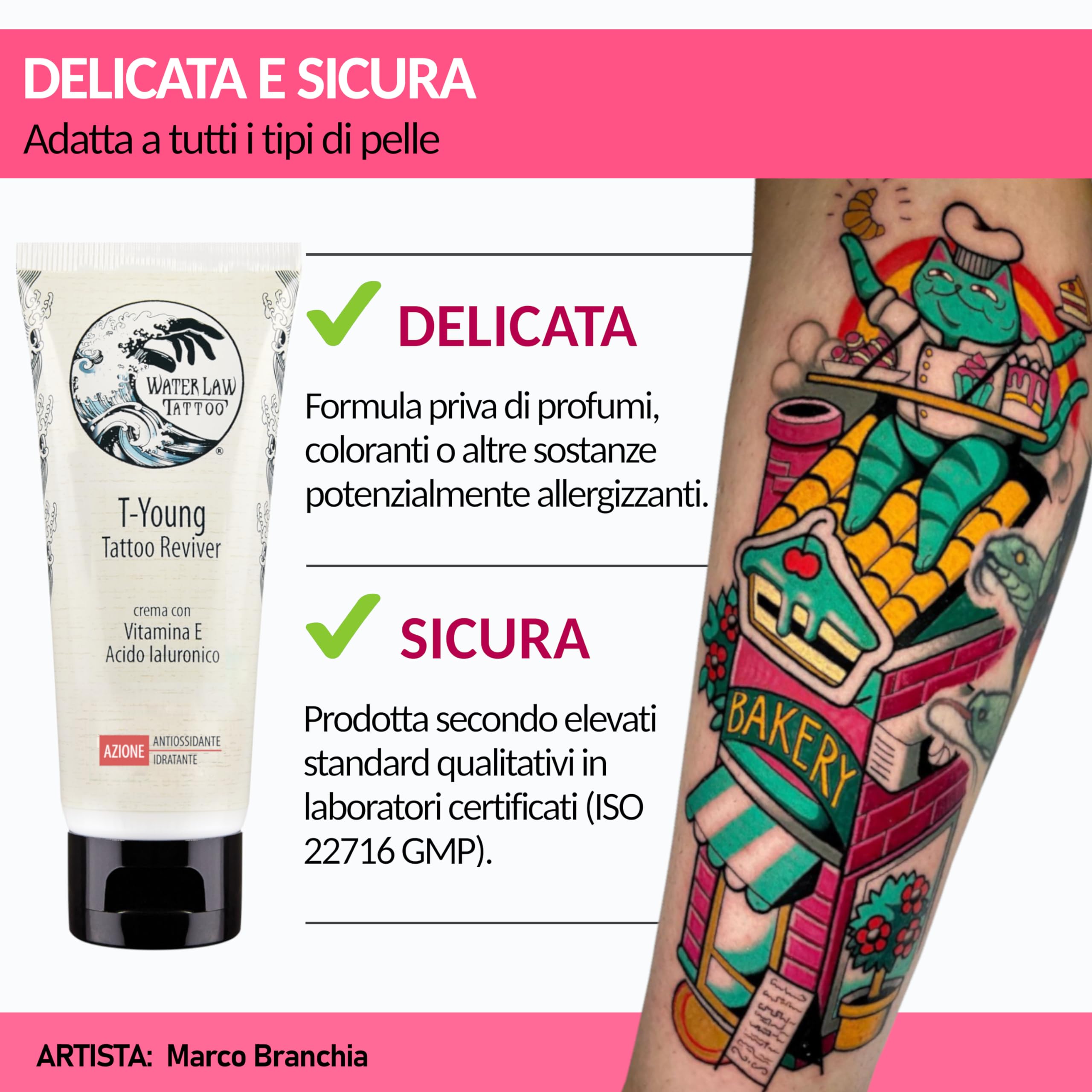 Water Law Tattoo - T-YOUNG TATTOO REVIVER - Nawilżający i rewitalizujący balsam do tatuażu - witamina E i kwas hialuronowy - 50 ml - Wyprodukowano we Włoszech