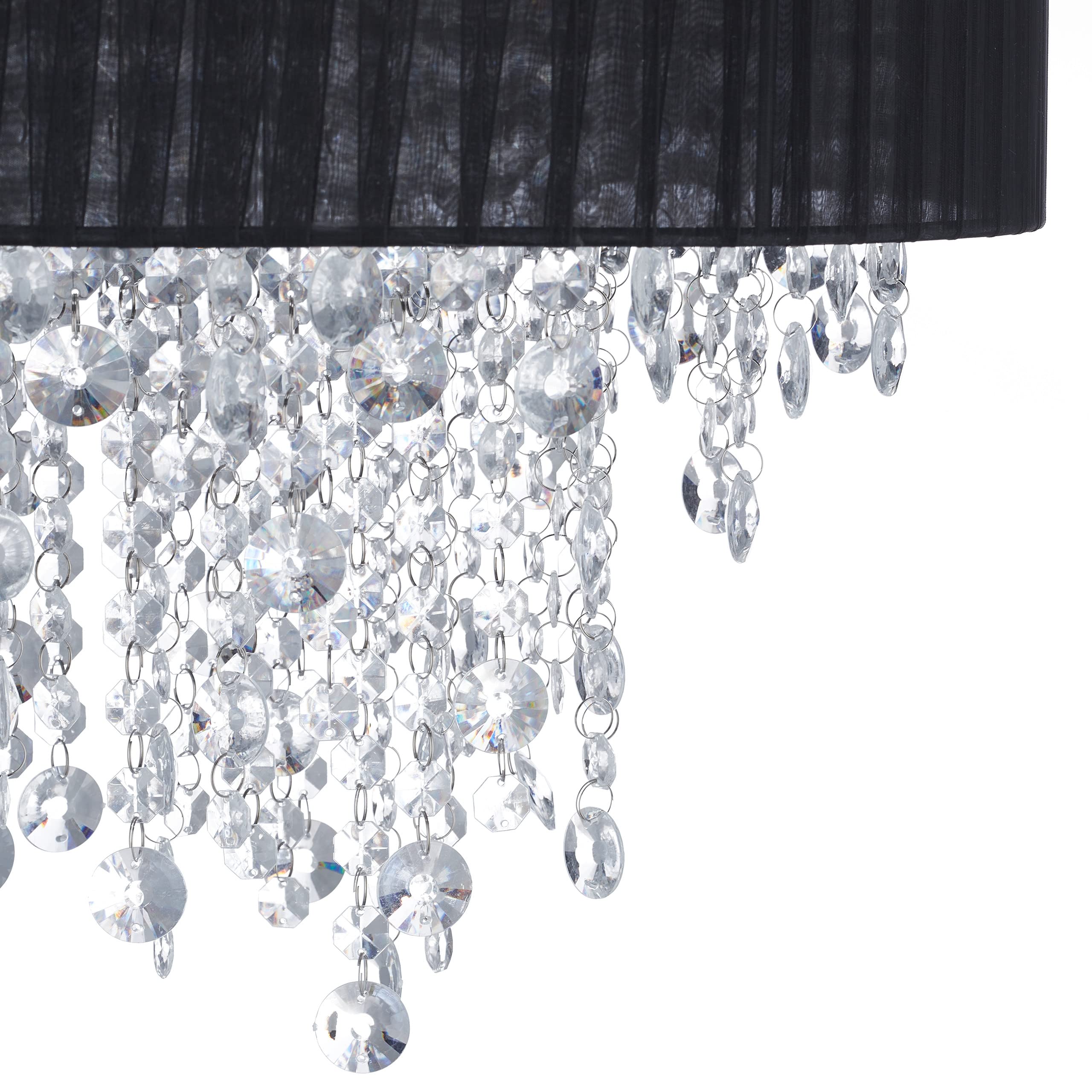 Relaxdays Deckenlampe Kristall, Lampenschirm aus Organza, G9-Fassung, 5-flammige Deckenleuchte, 39x40cm, schwarz/silber