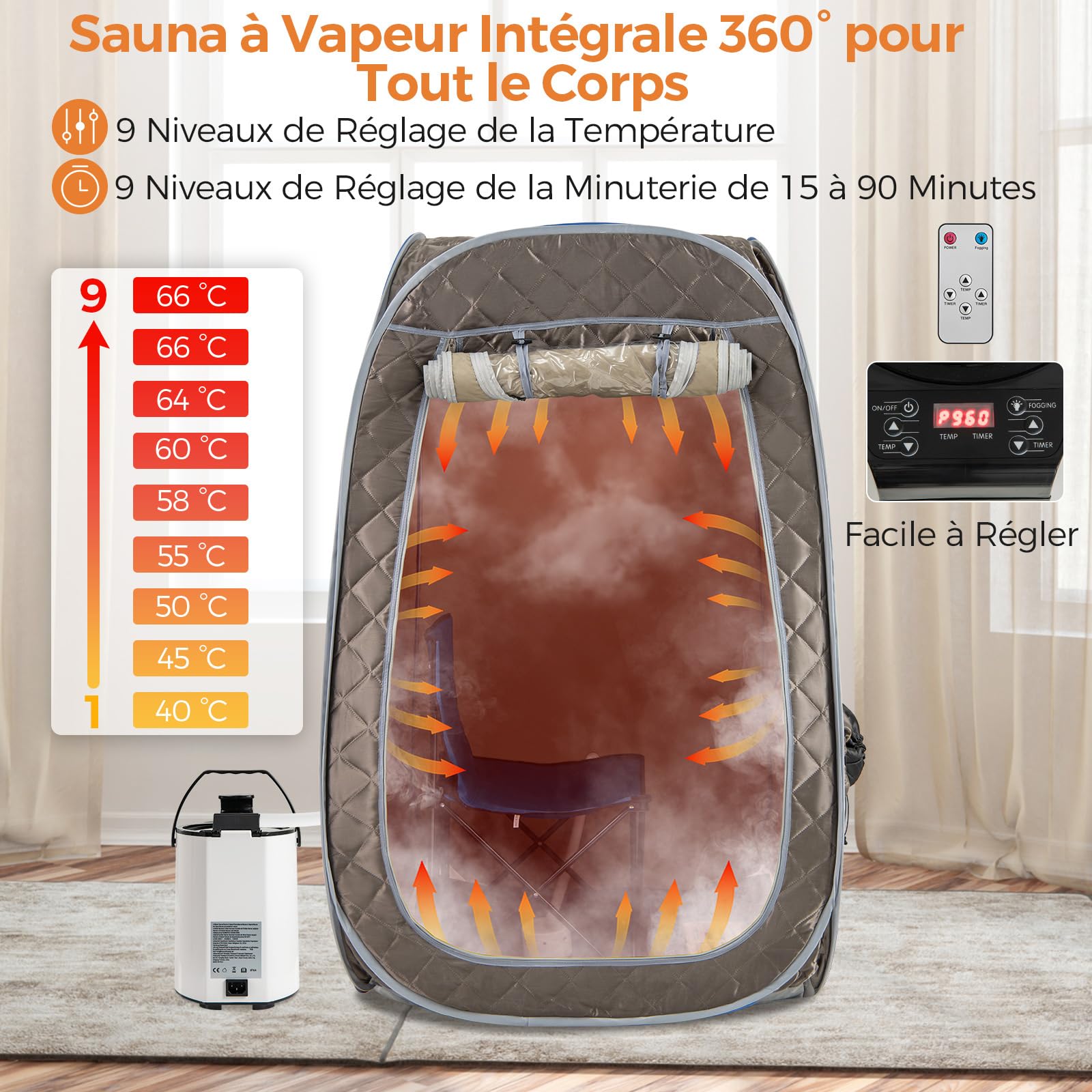 RELAX4LIFE Sauna à Vapeur Portable, Tente Sauna Portable Vapeur 3L, Température 9 Niveaux, Cadre INOX, Chaise Pliable, Trous pour Pieds, Fenêtres Zippées, Porte Enroulable, Sauna Portable, Gris