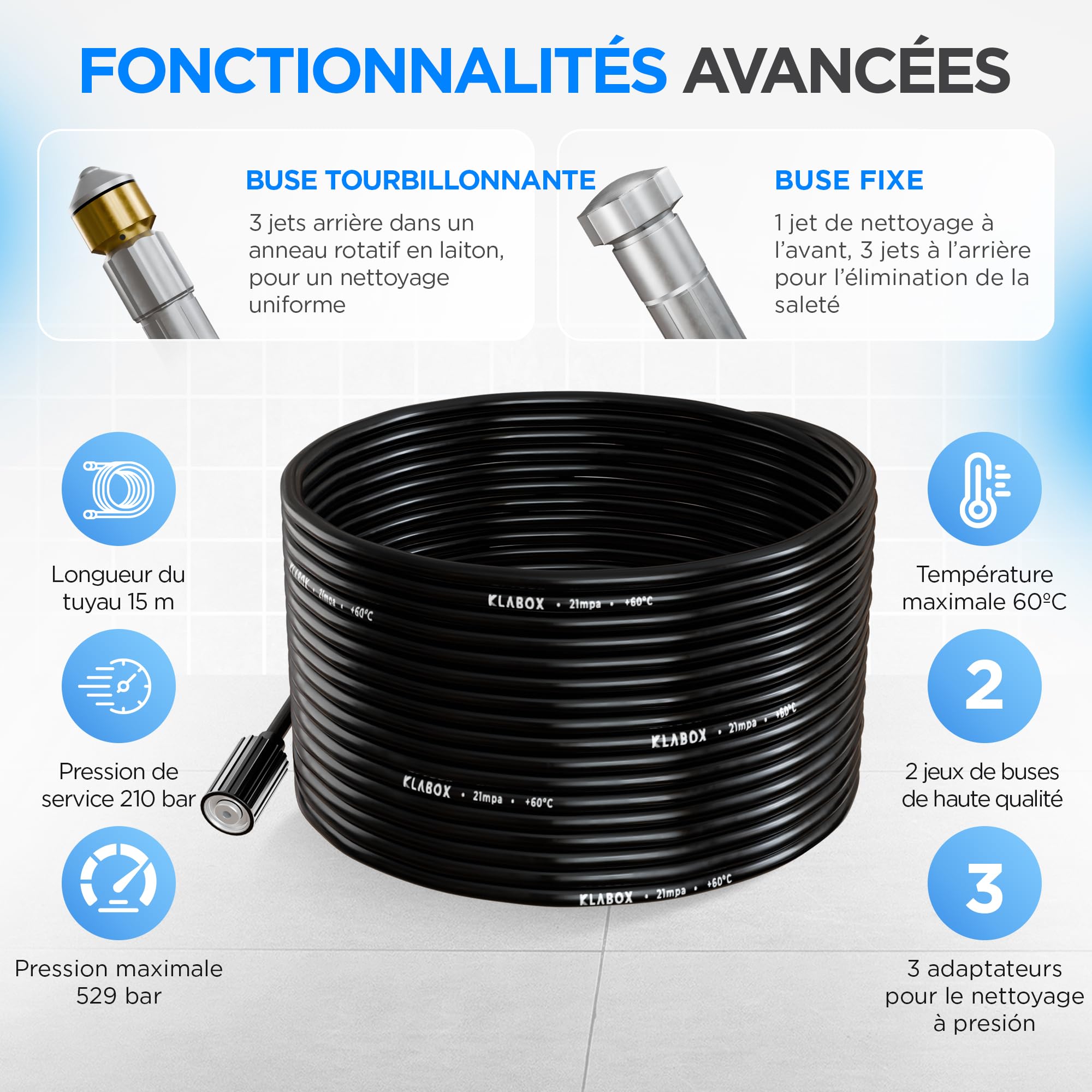 Deboucheur Canalisation Haute Pression 15m | Furet Karcher Compatible avec Karcher K2-K7, Lavor, Bosch, Parkside et d'Autres Marques | Inclut 3 Adaptateurs, 2 Buses, 1 Sac et 1 Ruban Téflon