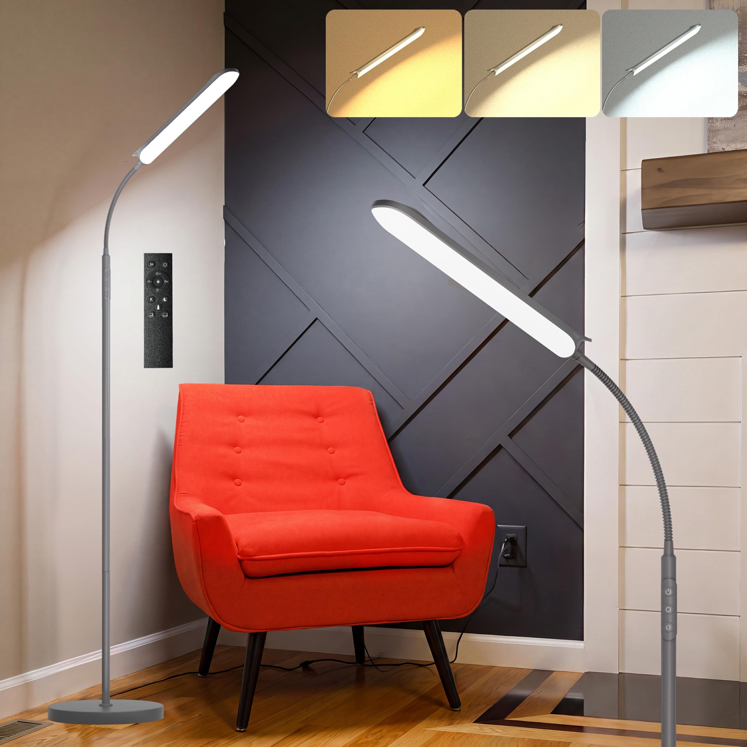 marctronic Grau LED Stehlampe Dimmbar, 18W 1800LM Stehlampe Wohnzimmer mit Fernbedienung, 165cm Stehleuchte 360° drehbar Augenschutz Leselampe Timer Standleuchte für Schlafzimmer BüRo