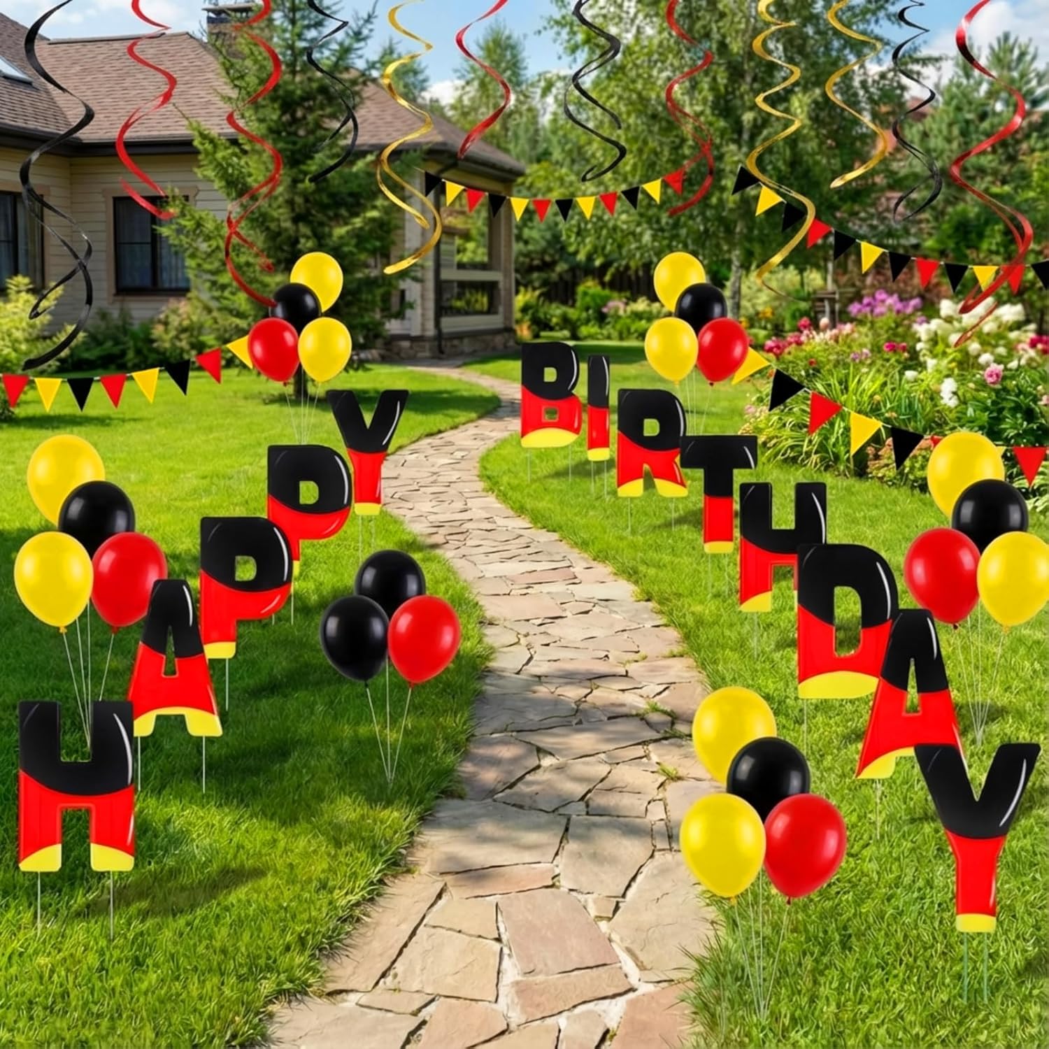13 Pcs Happy Birthday Yard Signs with Stakes, 15"x10" Cartoon Theme Birthday Garden Lawn Decoration, Weatherproof Outdoor Ground Insert Set for Party Patio Decor(Black Red)