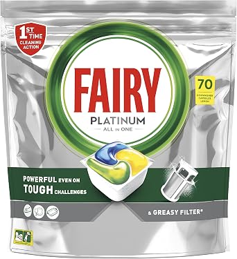 Fairy All-in-One Platinum Dishwasher Tablets Lemon, Brilliant Shine, Though Food and Greasy Filter Cleaning, XXL Pack, 70 Tablets