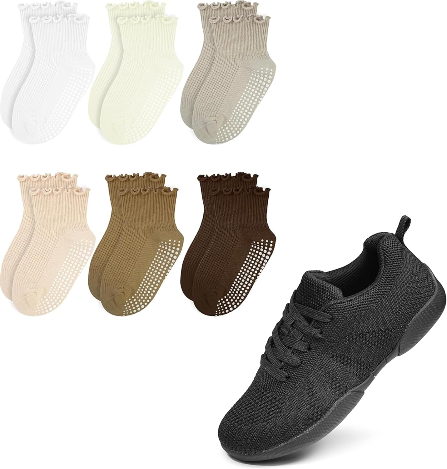 Kids Frilly Ruffle Crew Socks with Girls Cheerleading Shoes6 Pairs White Beige Orange Khaki Deep Khaki Brown 5-6 Years & Black Size 11.5 M US Little Kid