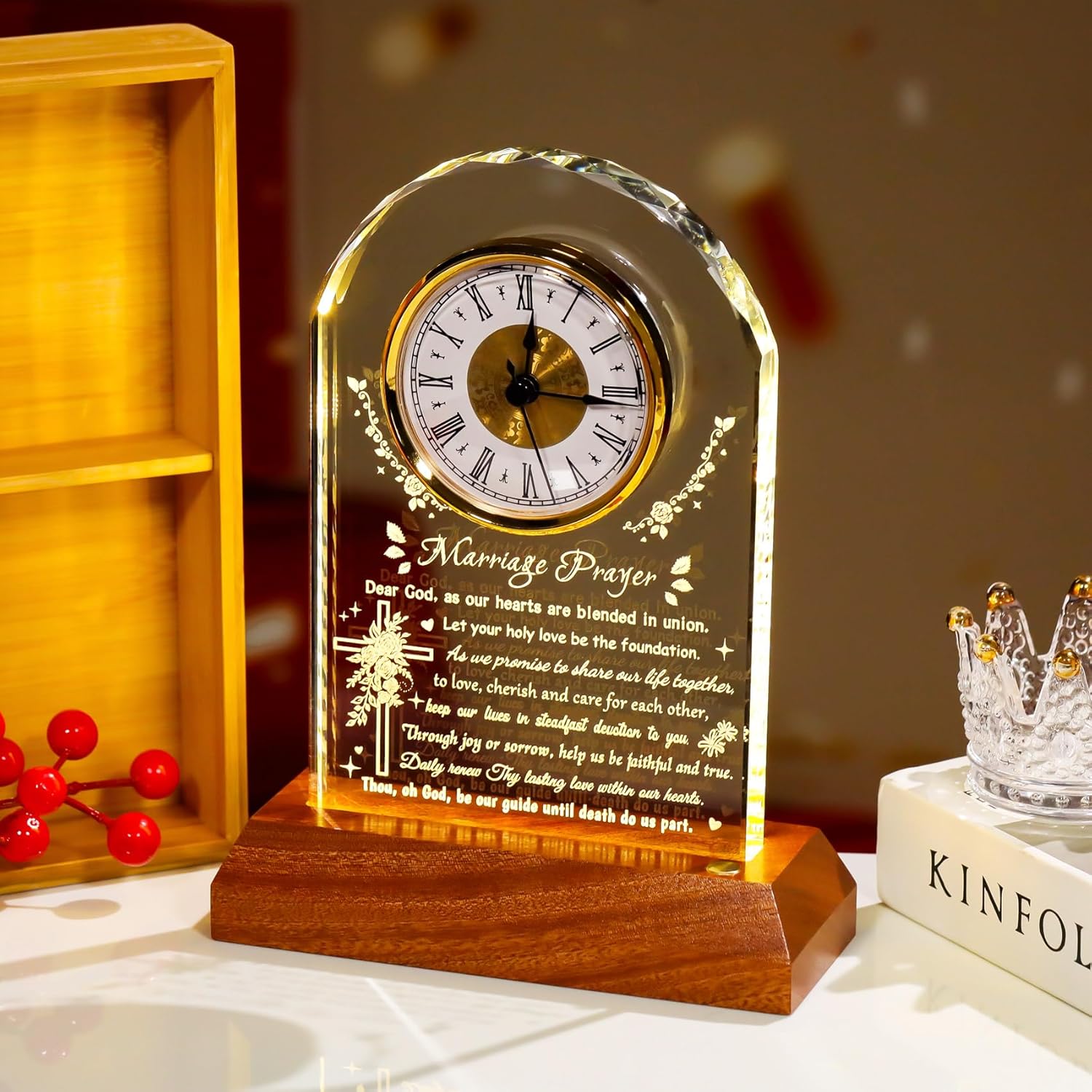 YWHL Marriage Prayer Wedding Gifts for Couples, Glass Clock with Wooden Light Base, Romantic Engagement Gifts for Bride and Groom, Newlywed Mr and Mrs Bridal Shower Gift(Battery not Included)