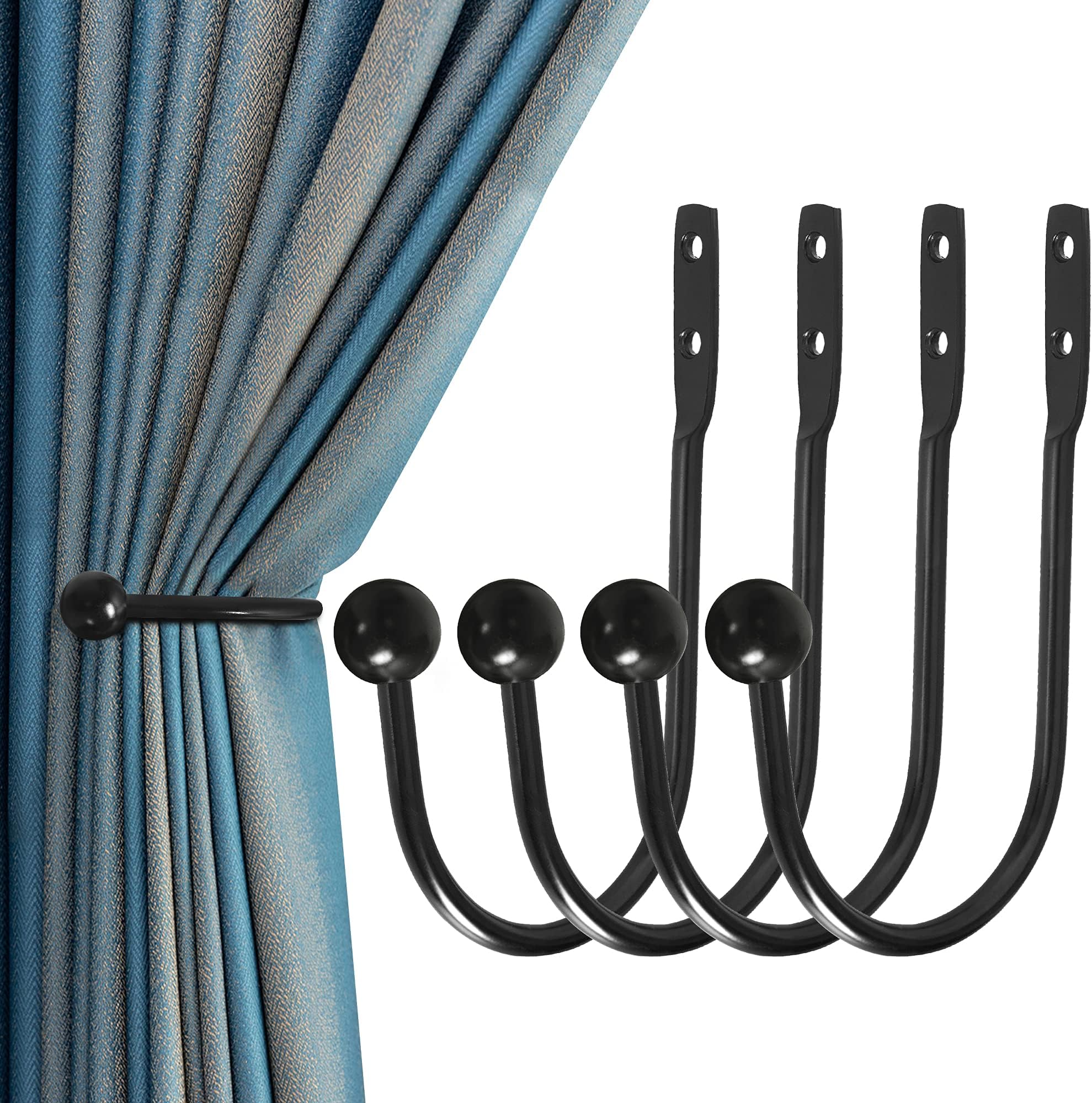 Curtain Holdback, 4 Pcs Wall Mounted Drapery Tiebacks with Screws, Heavy Duty Metal