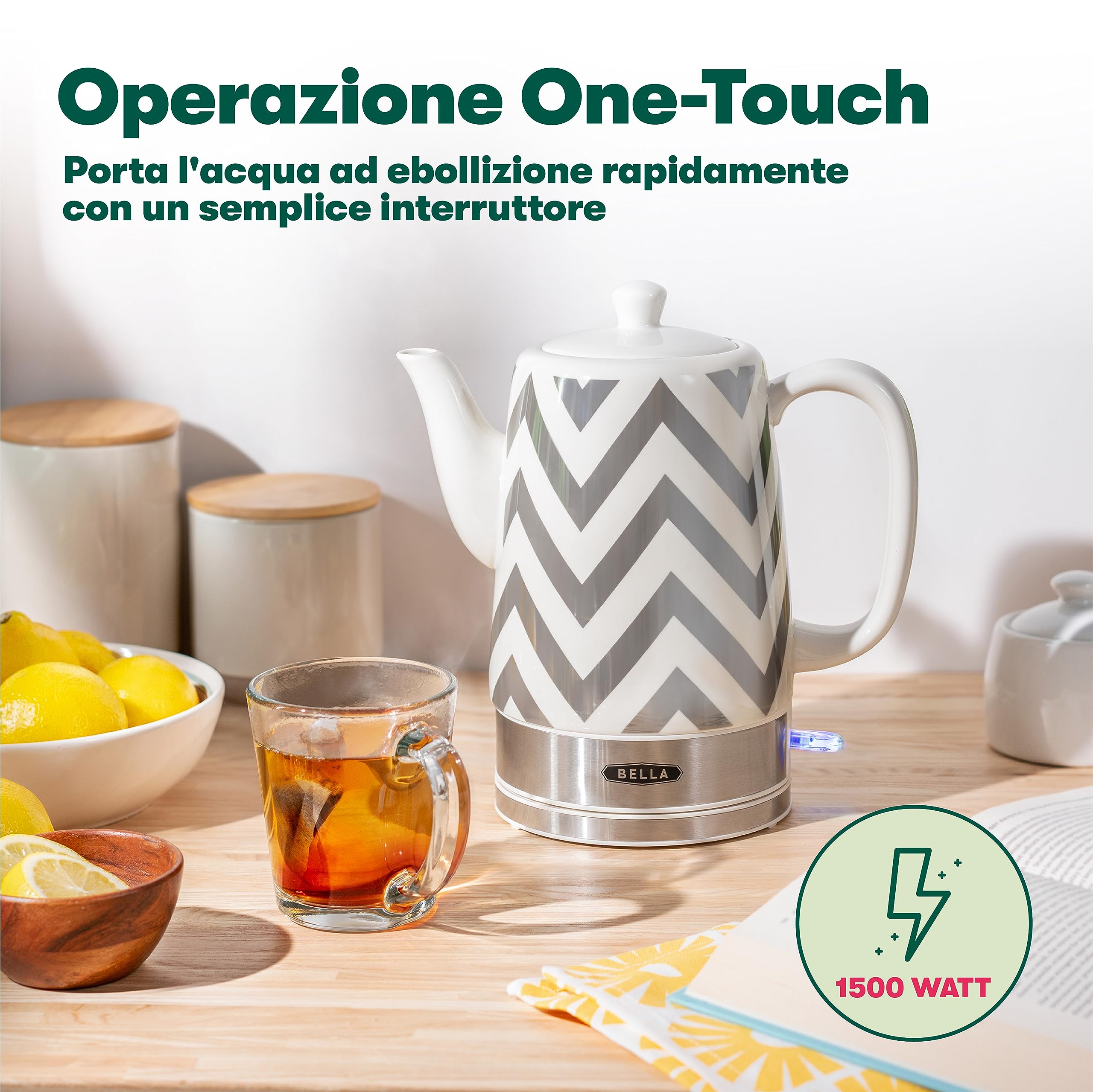 bella Bollitore Elettrico e Teiera in Ceramica con Base Girevole Rimovibile, Spegnimento Automatico e Protezione contro l'Ebollizione a Secco,1,5 L, Chevron Argento