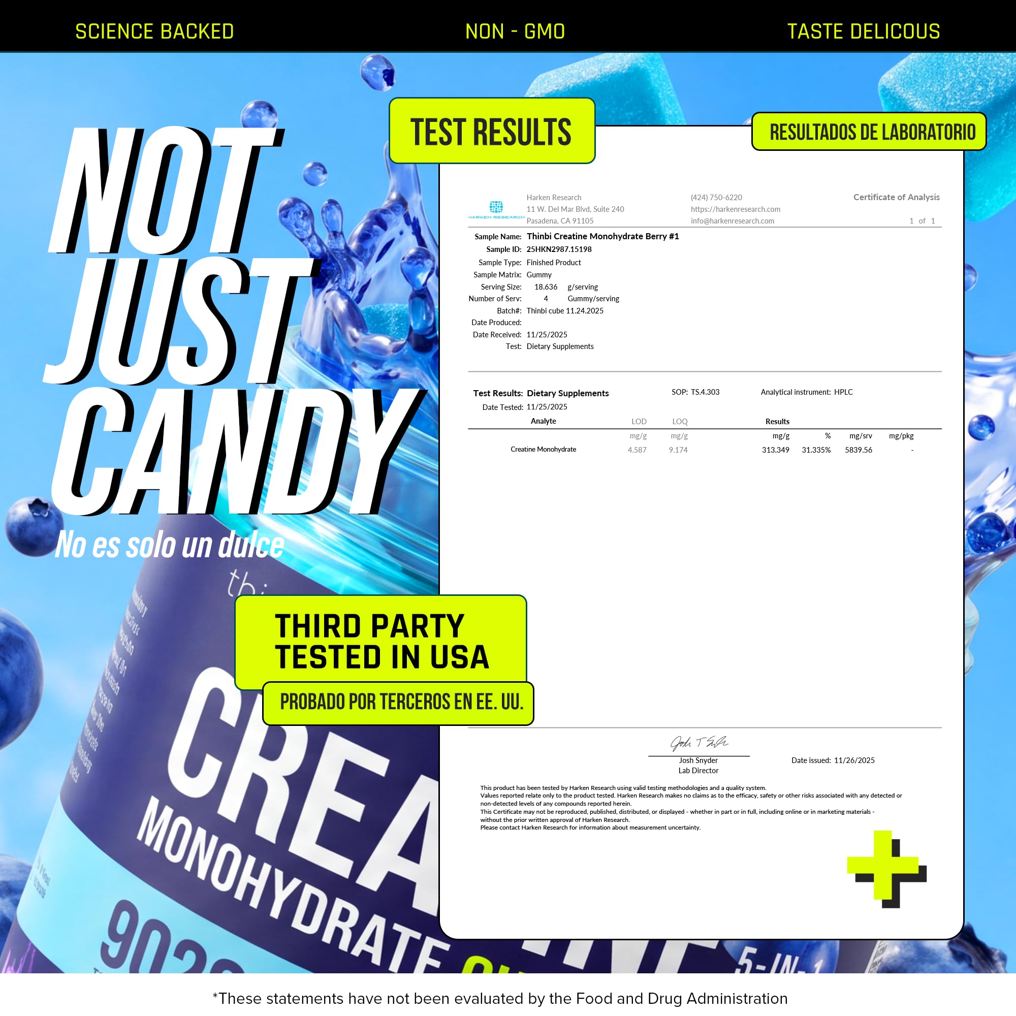 Thinbi Creatine Gummies for Women & Men, Monohydrate, Blueberry, 120 Count — Amazon image 2