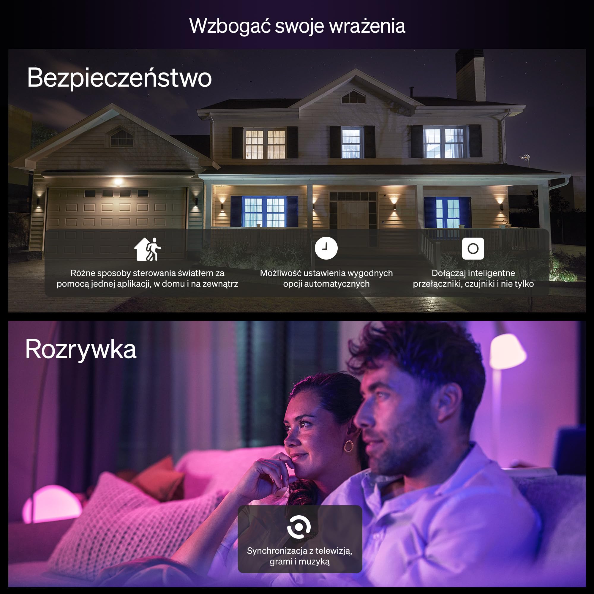 Żarówka Philips Hue Essential Smart LED A60, White and Color Ambiance, podstawa E27, 8 W, 2200K–6500K, 806 lumenów, przyciemnianie, działa z Alexą, Asystentem Google i Apple Home, 4 op.