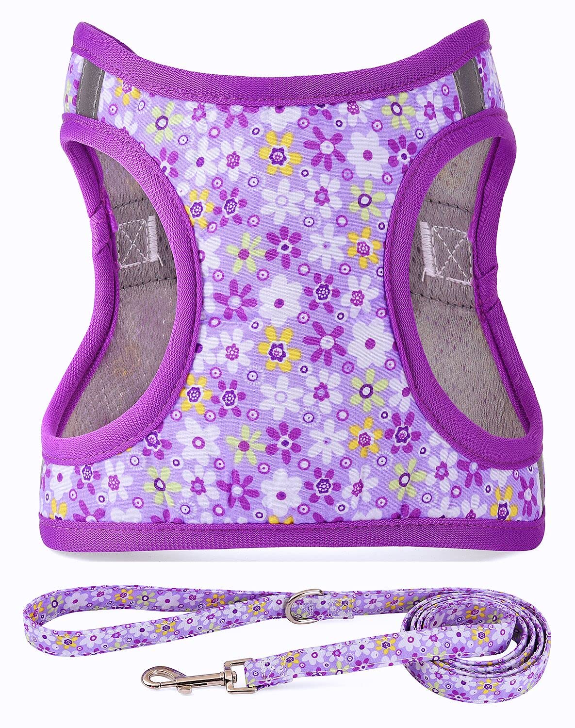 Moonpet Step in Dog Harness Leash Set- All Weather Reflective No-Pull Floral Pattern Padded Mesh Vest Harness for Cats Puppy Extra-Small Small Medium