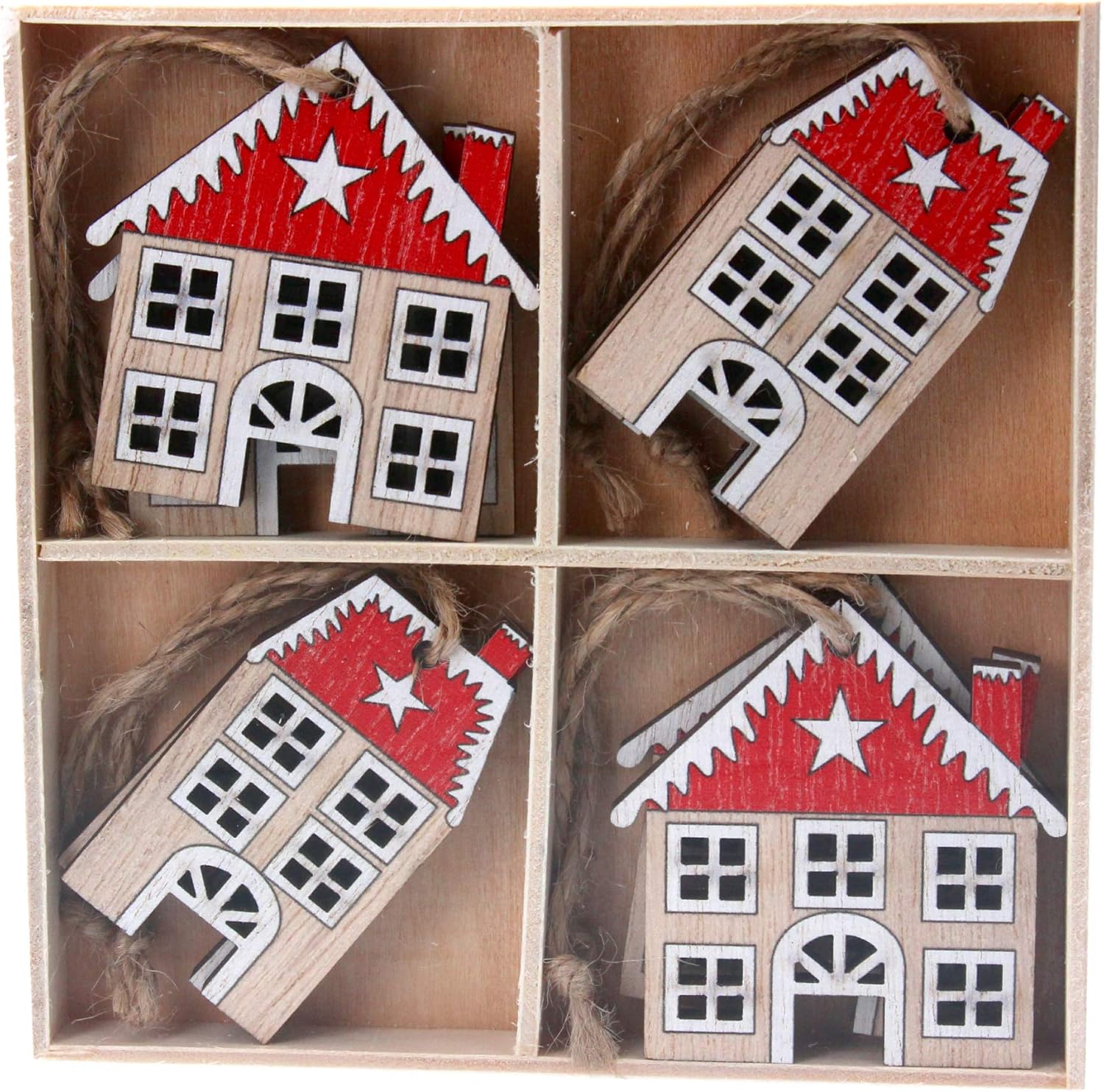 Gisela Graham Box/8 Wood Christmas Decorations 6cm - Natural/Red House