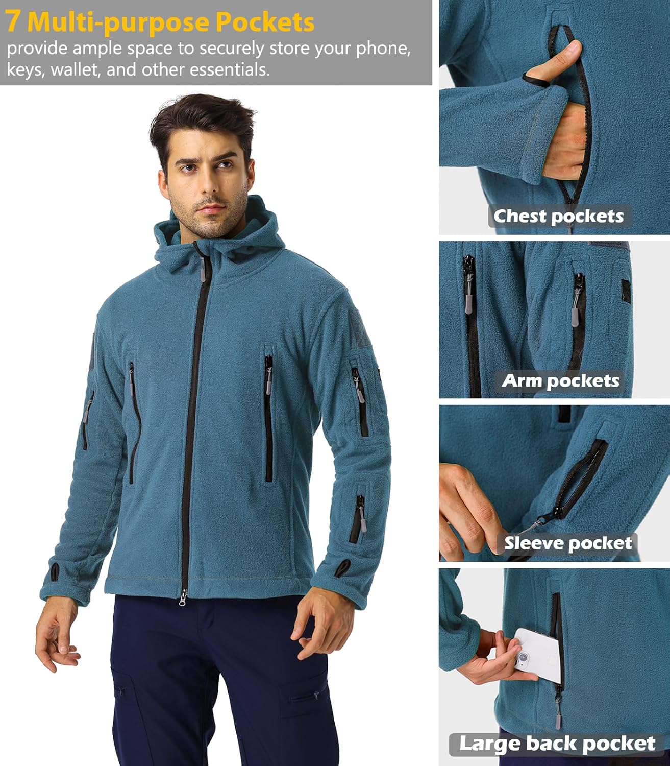 NAVEKULL Men's Tactical Hoodie Fleece Jacket Winter Warm Full-Zip Military Army Outdoor Hiking Coat with 7 Zip-pockets - Image 3