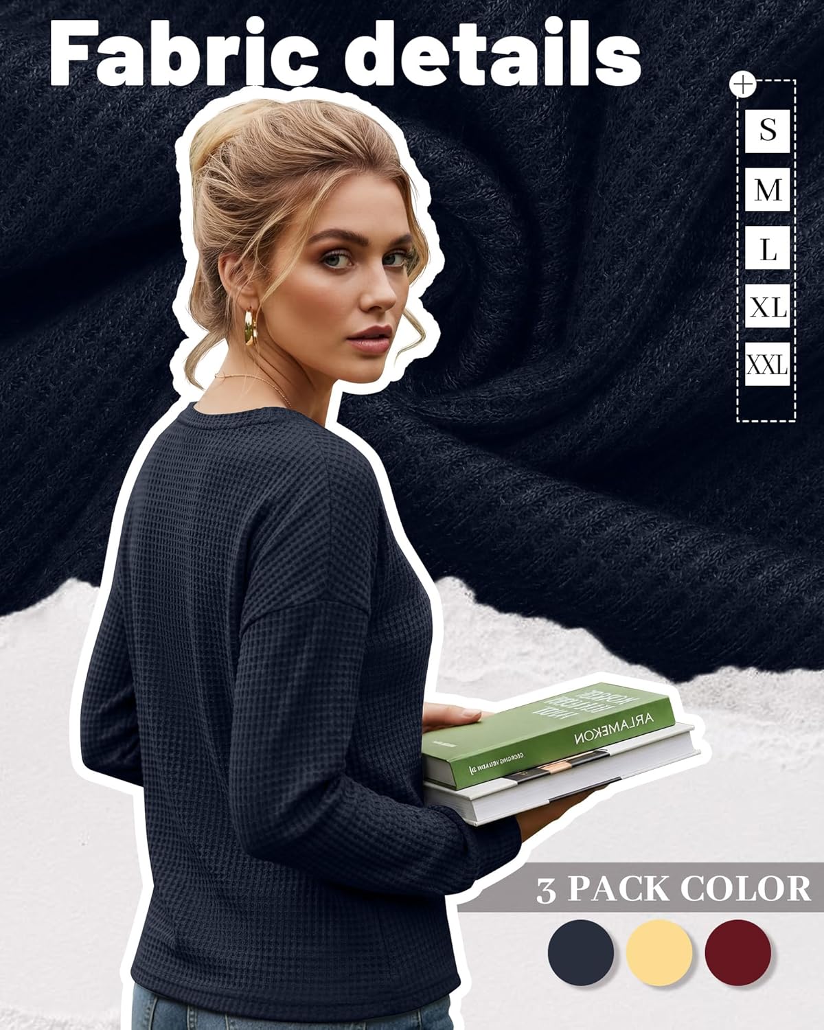 3 Pack Women's Waffle Knit Long Sleeve Shirts, Crew Neck Slim Fit Thermal Tops Casual Stretch Basic Pullover - Image 2