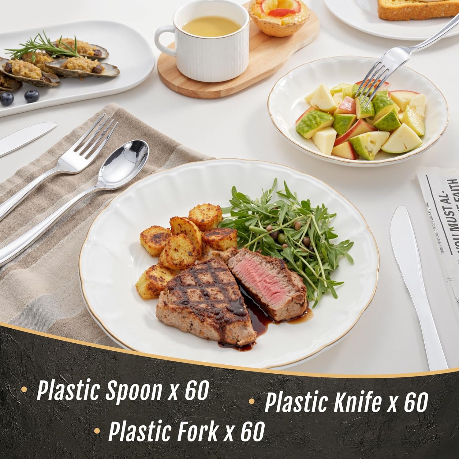 WDF 180 Pieces Silver Plastic Silverware - Silver Plastic Cutlery - Fancy Plastic Silverware Heavy Duty - 60 Forks 60 Knives 60 Spoons - Disposable Plastic Utensils Perfect for Party Wedding - Image 9