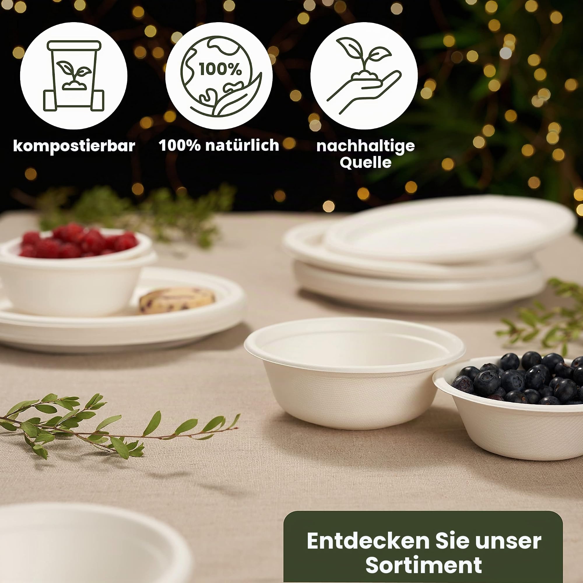 HAAGO 200 Umweltfreundliche Zuckerrohrschalen Biologisch abbaubar & Kompostierbar - wie Pappschalen, Einwegschalen für heiße und kalte Speisen - 500ml
