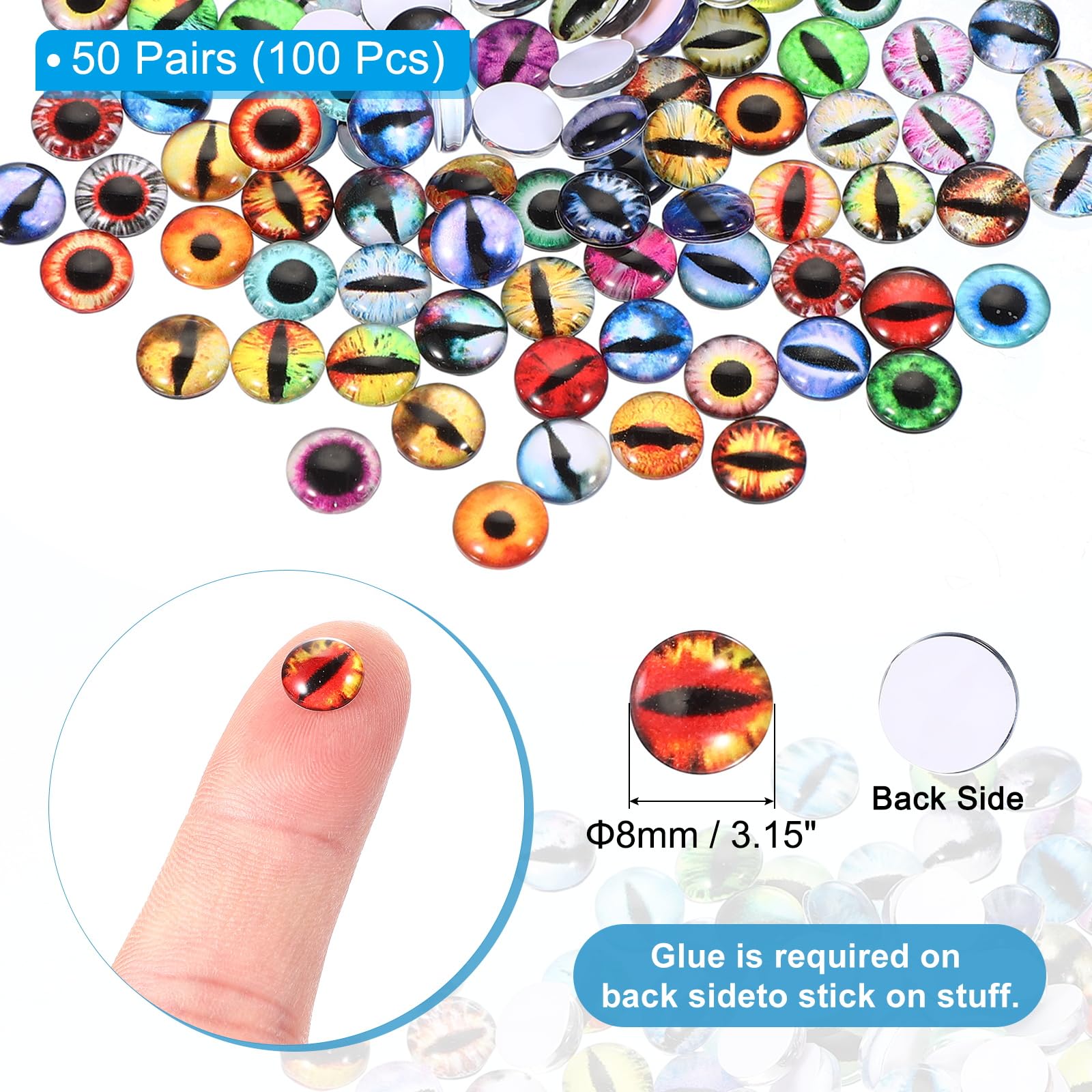 PATIKIL 8mm Dragon Eyes, 100 Pcs Round Glass Eyes Animals Crochet Eyes for Clay Doll Making Craft DIY Findings Jewelry Making - Image 2