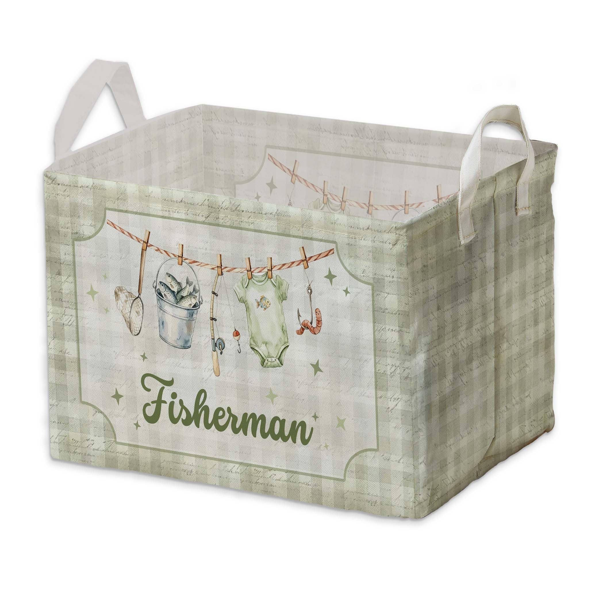 Fishing Baby Shower Decorations,Fishing Storage Baskets,A little Fisherman Nursery Decor,Large Square Canvas Laundry Hamper With A Waterproof PE Coating,Foldable Kids Toy Clothes Bins for Bedroom