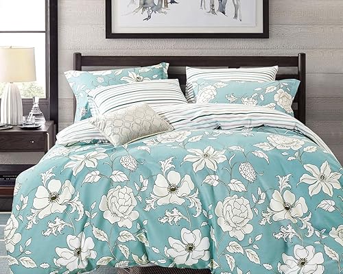 Miniatura 3 de Swanson Beddings Juego de ropa de cama reversible de 3 piezas con estampado floral y rayas verdes y florales 100% algodón funda nórdica y dos fundas