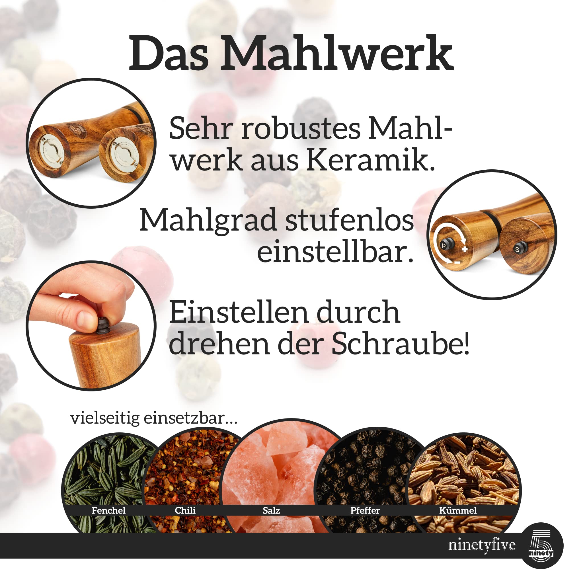 ninetyfive® edles Pfeffermühlen Set aus Holz | Salz und Pfeffermühle + Untersetzer und Einfülllöffel aus Akazienholz | Gewürzmühlen mit Keramikmahlwerk (21cm) | hochwertige Geschenk- Verpackung