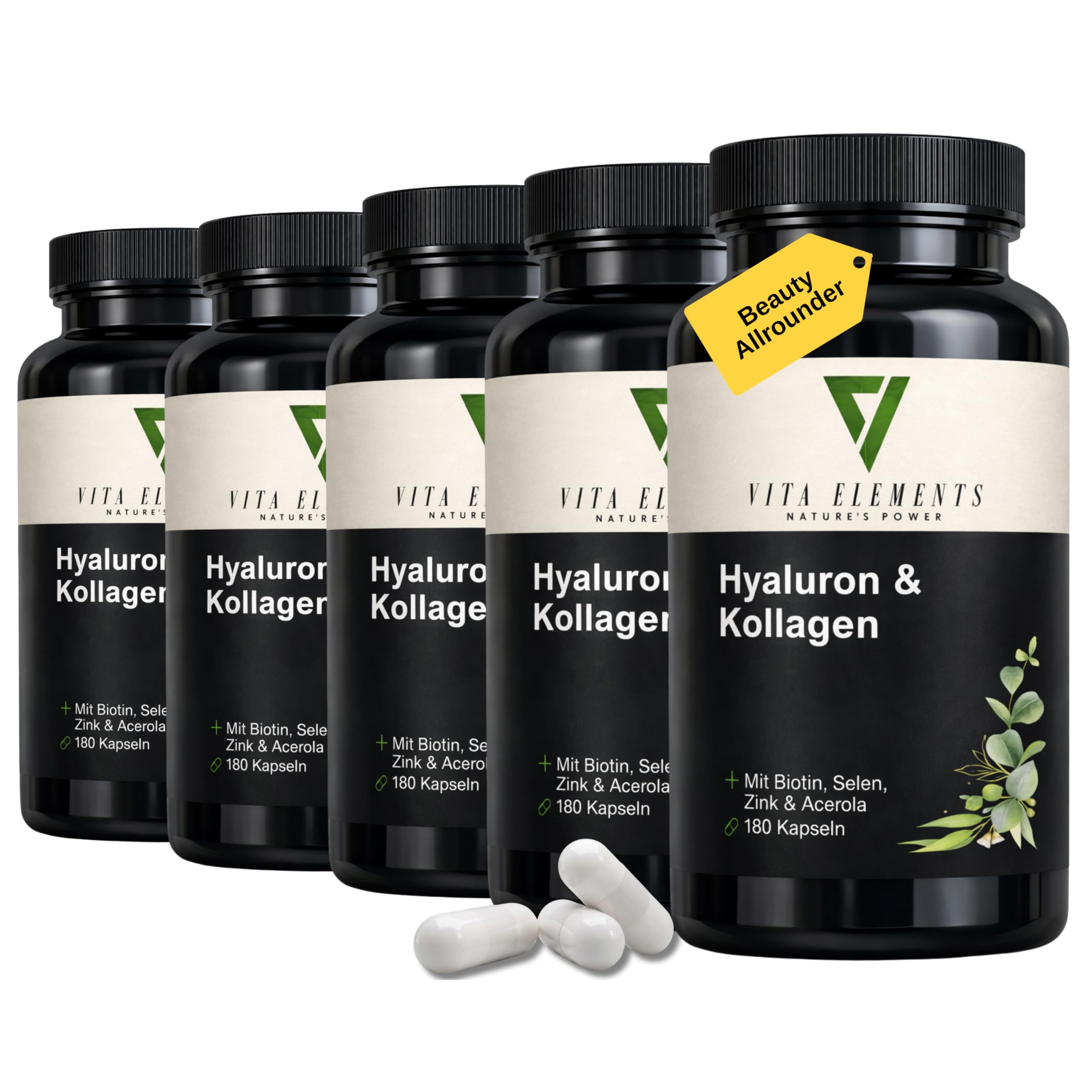 Vita Elements Complejo de Ácido Hialurónico y Colágeno - 180 Cápsulas - Enriquecido con Biotina, Selenio, Zinc, Vitamina C y Extracto de Bambú - Suministro para 3 Meses - Probado en Laboratorio (5)