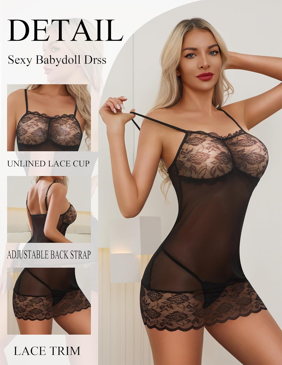 Sexy Lingerie for Women Mesh Nightgown Babydoll Chemise Lace Boudoir Outfits Nightwear Lingerie with G-String - Image 2