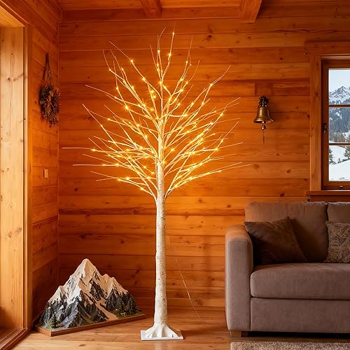 Miniatura 8 de Árbol de Navidad de 5 pies con luces, decoraciones de Navidad al aire libre, árbol de abedul con 96 luces LED y control remoto, árboles iluminados