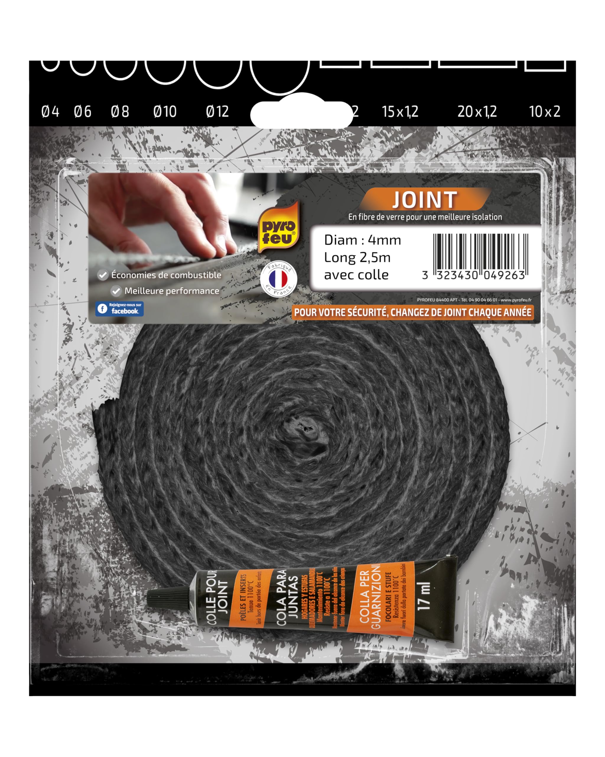 Pyrofeu 24926-6 Braided Seal for Insert and Stove Length 2.5 m, Diameter 4 mm - Excellent Airtightness - 500 °C Resistance - Complies with OEM Seals - Includes Black Refractory Glue